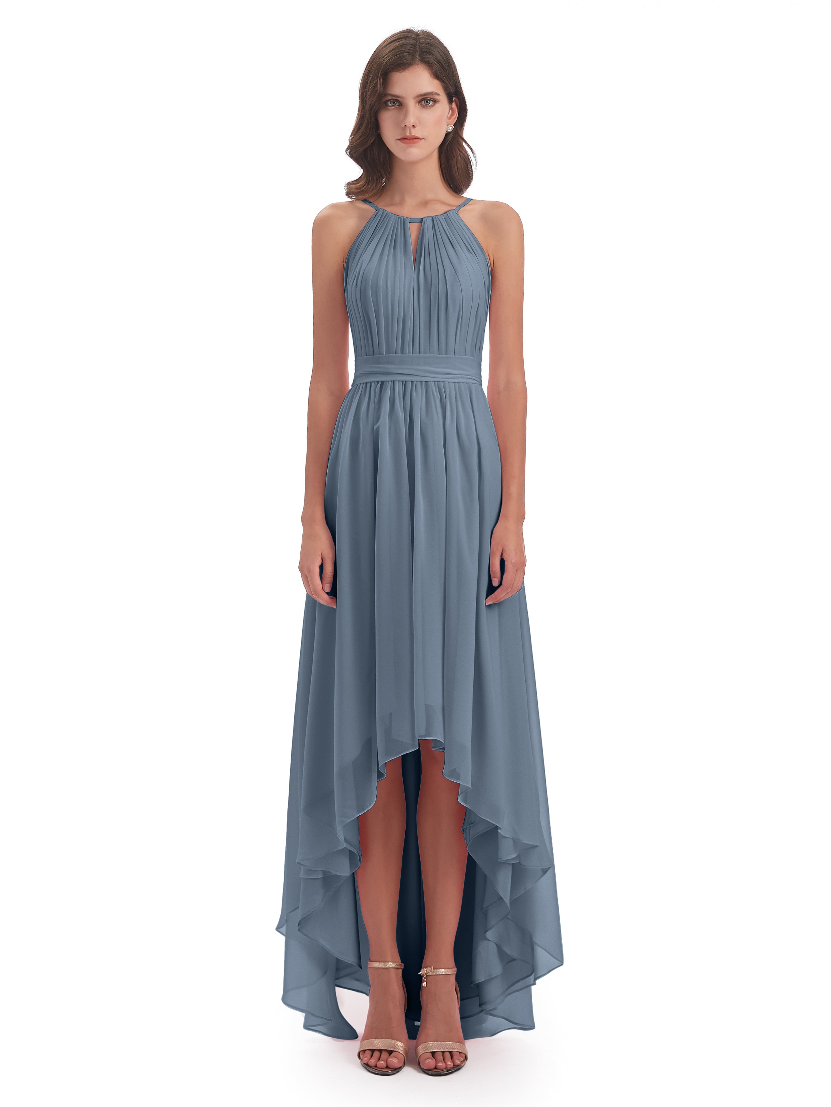 Robes De Demoiselle D'Honneur Bleu Poudre Asymétrique Haute Basse Licou Mousseline Robes Demoiselle D'Honneur