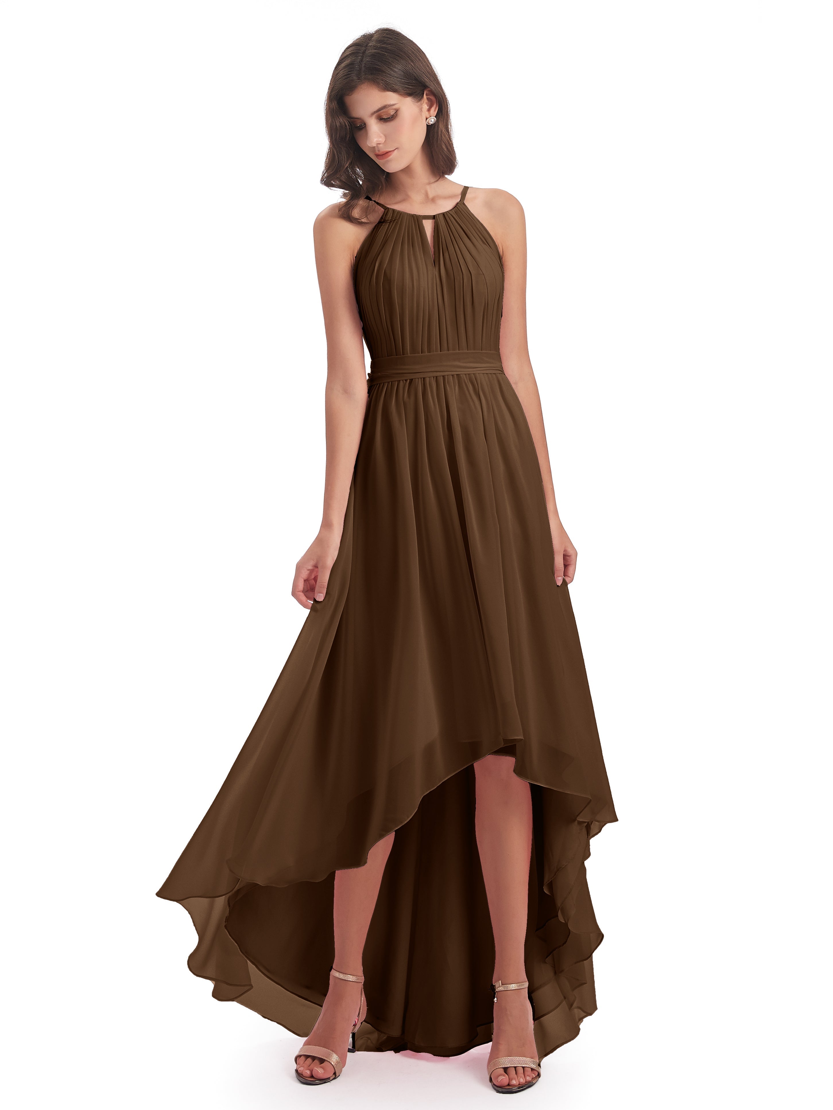 Robe Demoiselle D Honneur Brun Asymétrique Haute Basse Licou Mousseline Robes Demoiselle D'Honneur
