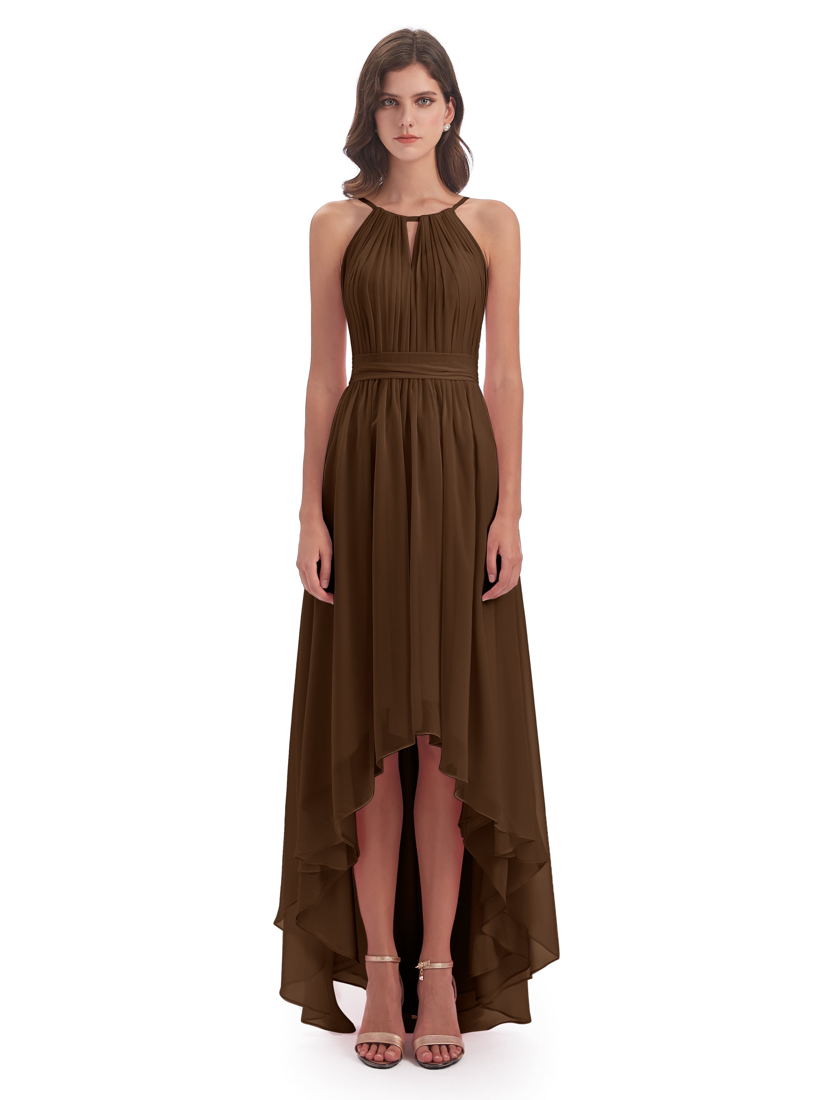Robe Demoiselle D Honneur Brun Asymétrique Haute Basse Licou Mousseline Robes Demoiselle D'Honneur