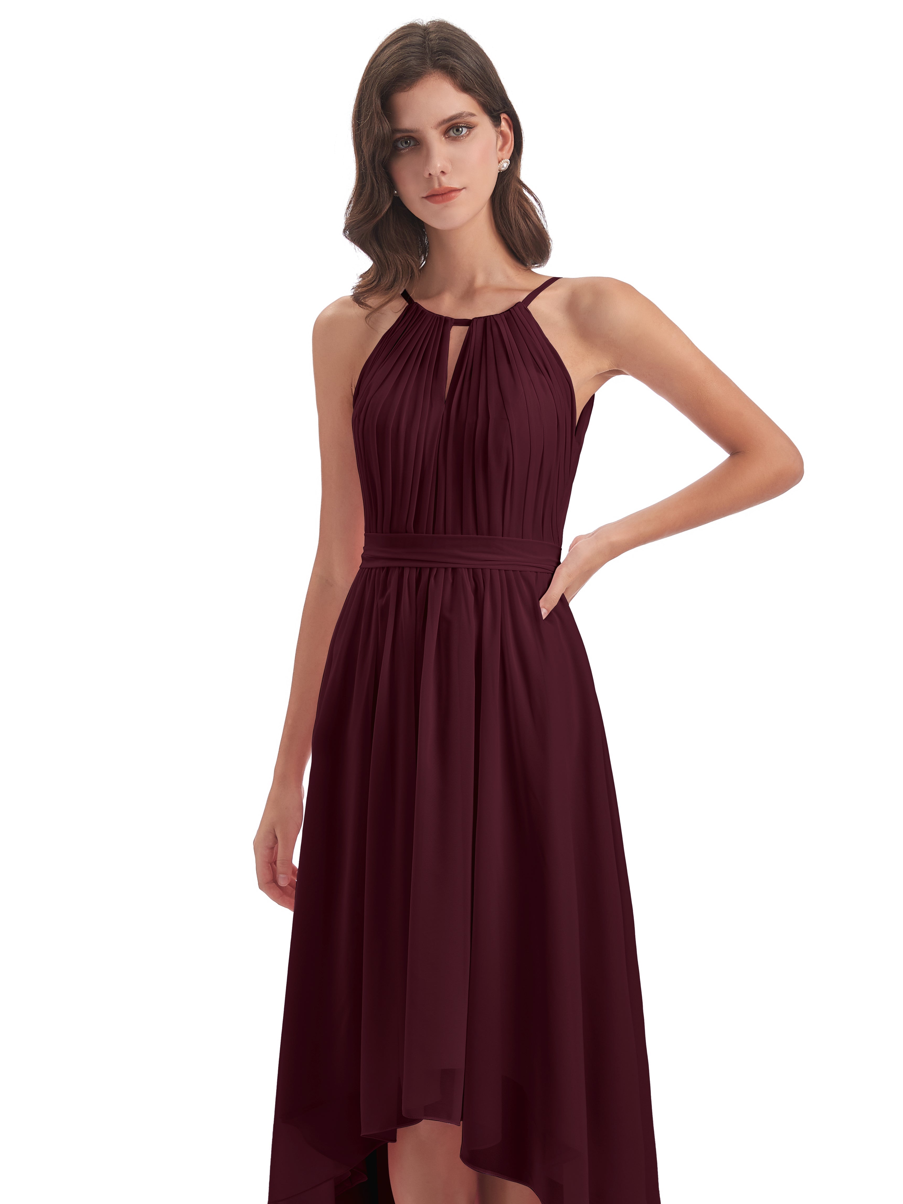 Robes De Demoiselle D'Honneur Cabernet Asymétrique Haute Basse Licou Mousseline Robes Demoiselle D'Honneur