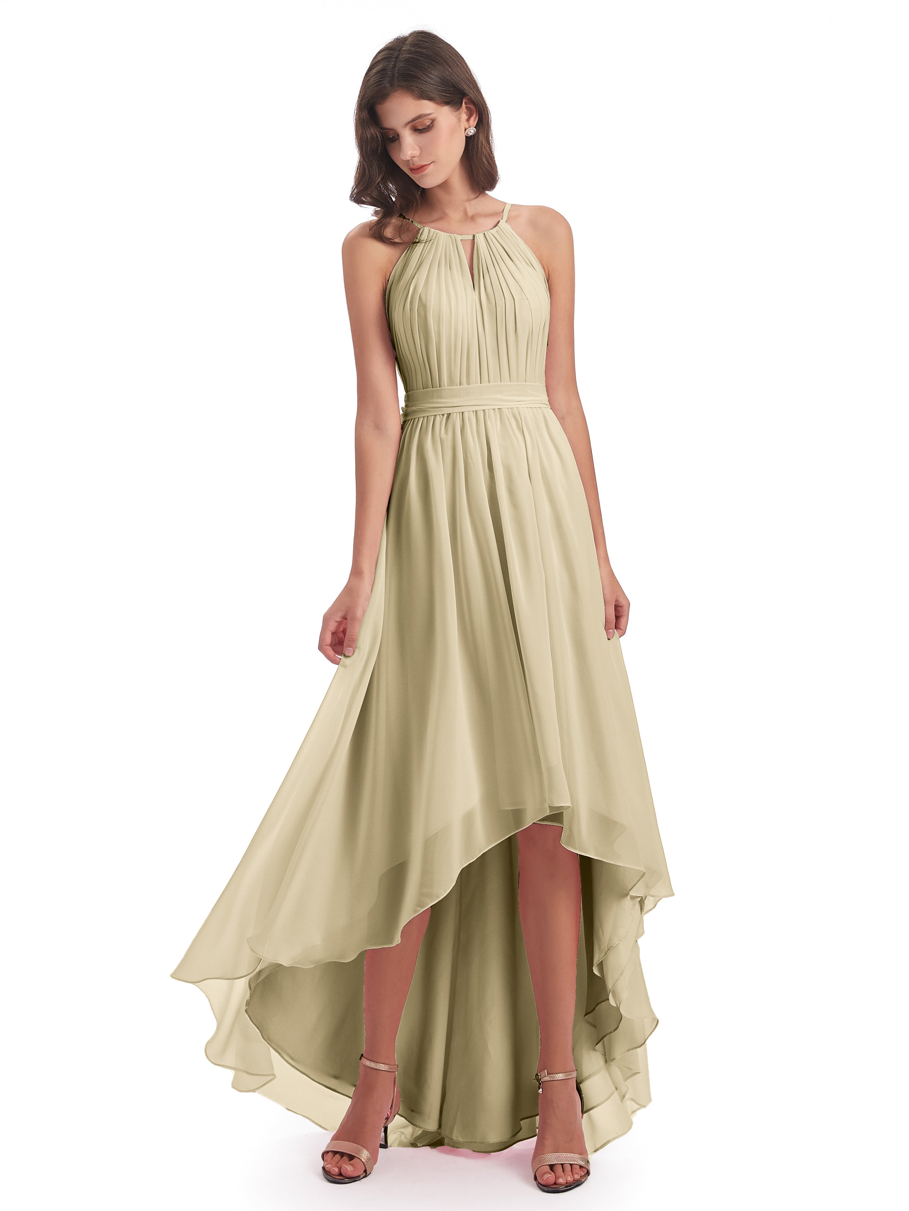 Demoiselle D Honneur Champagne Asymétrique Haute Basse Licou Mousseline Robes Demoiselle D'Honneur