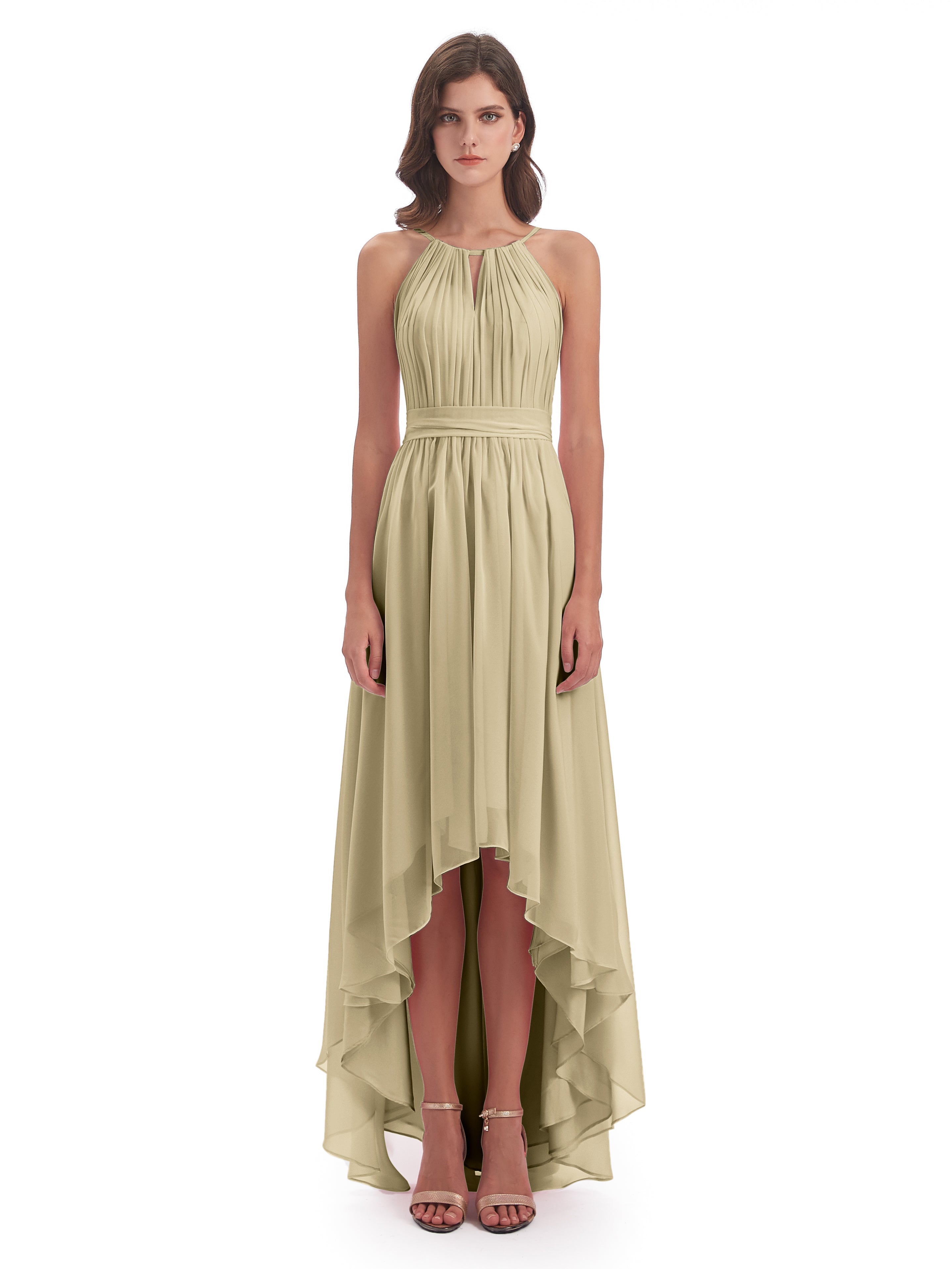 Demoiselle D Honneur Champagne Asymétrique Haute Basse Licou Mousseline Robes Demoiselle D'Honneur