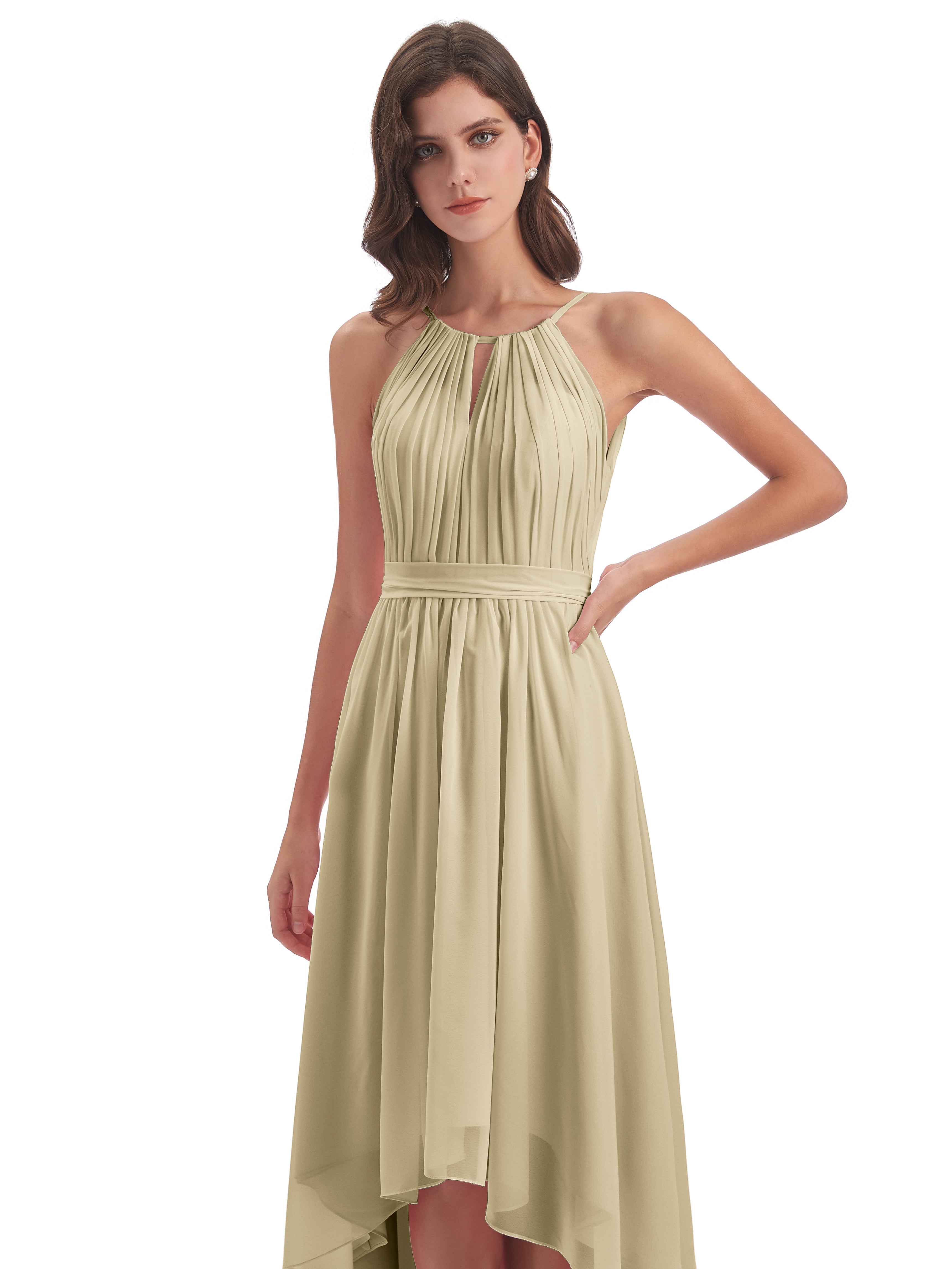 Demoiselle D Honneur Champagne Asymétrique Haute Basse Licou Mousseline Robes Demoiselle D'Honneur