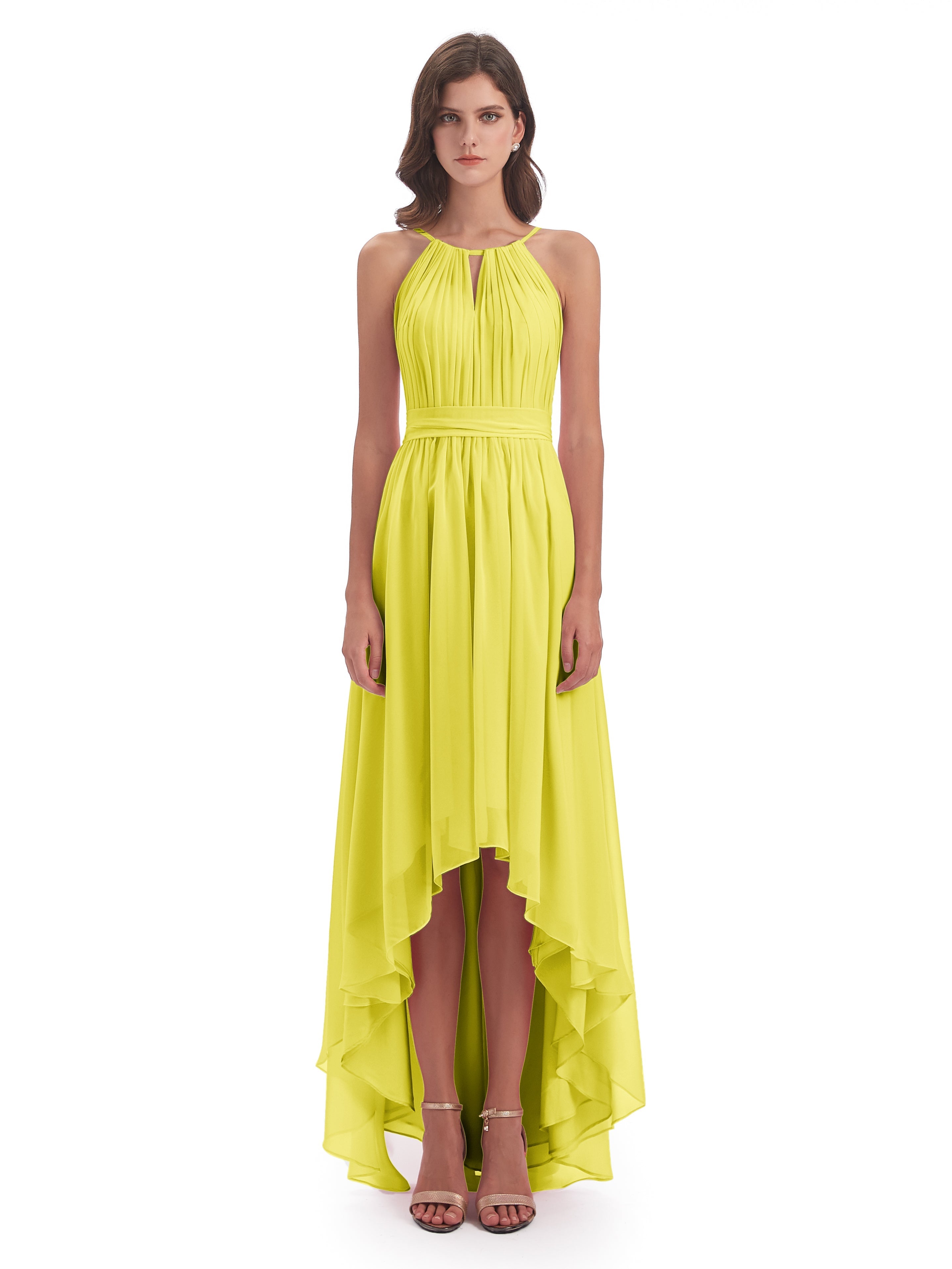 Robes De Demoiselle D'Honneur Citron Asymétrique Haute Basse Licou Mousseline Robes Demoiselle D'Honneur