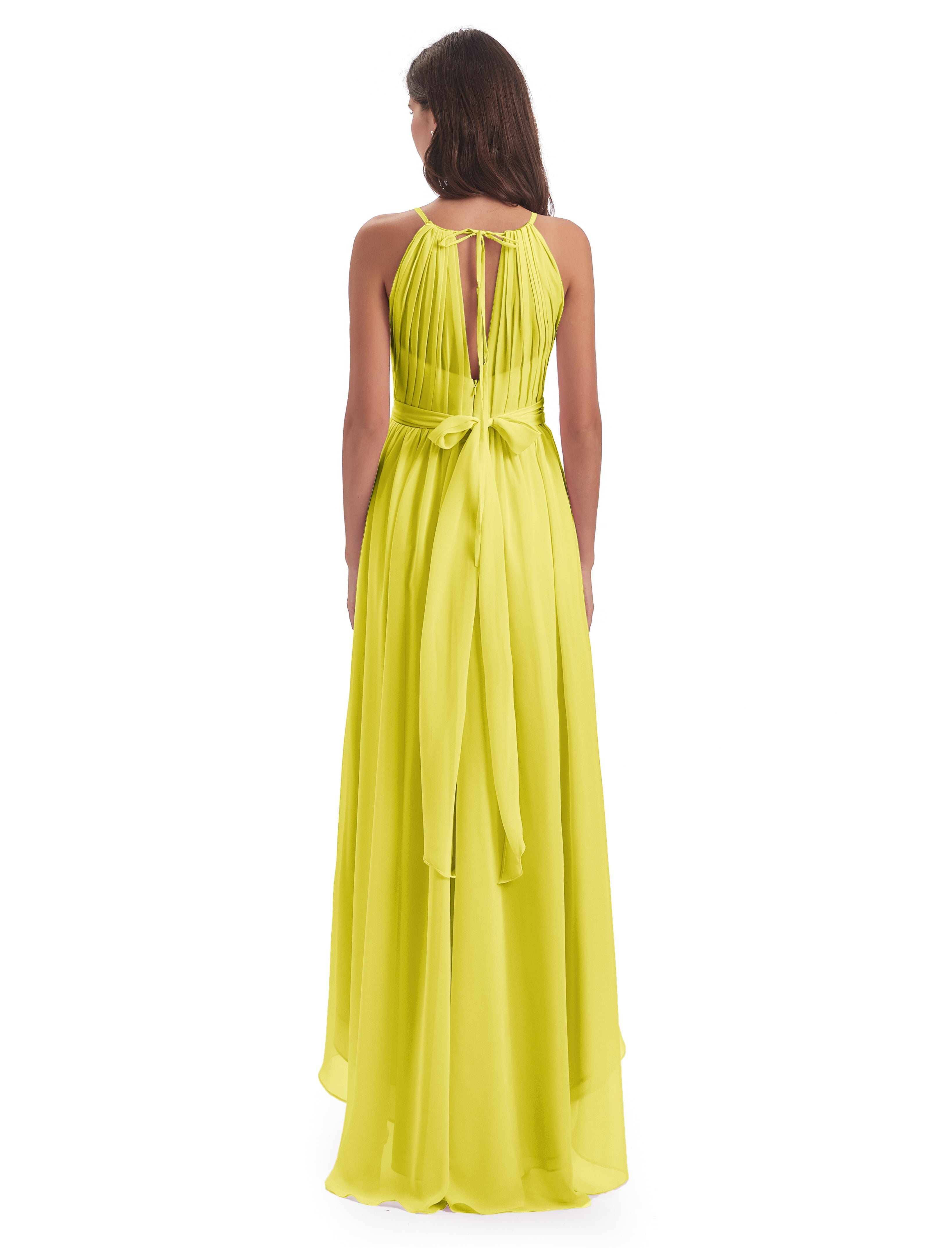 Robes De Demoiselle D'Honneur Citron Asymétrique Haute Basse Licou Mousseline Robes Demoiselle D'Honneur