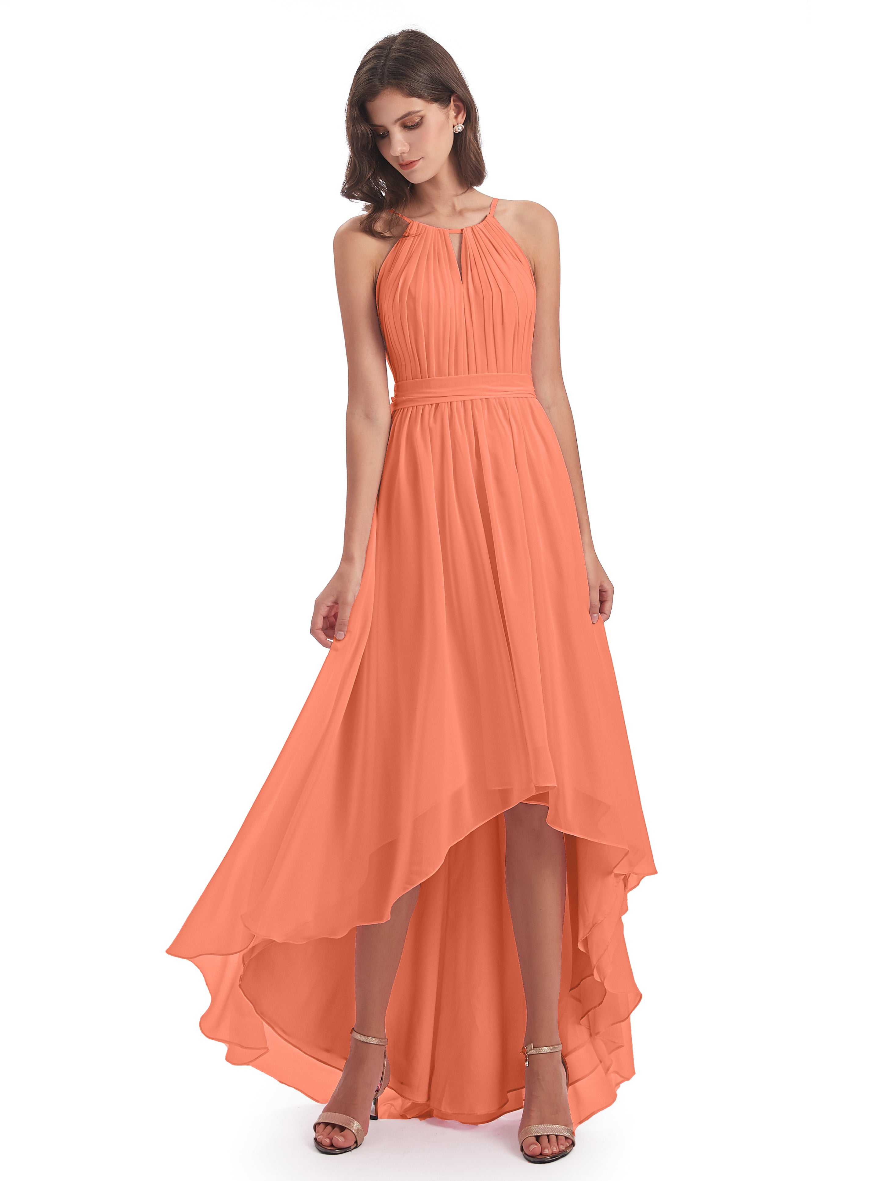 Robes De Demoiselle D'Honneur Coucher De Soleil Asymétrique Haute Basse Licou Mousseline Robes Demoiselle D'Honneur