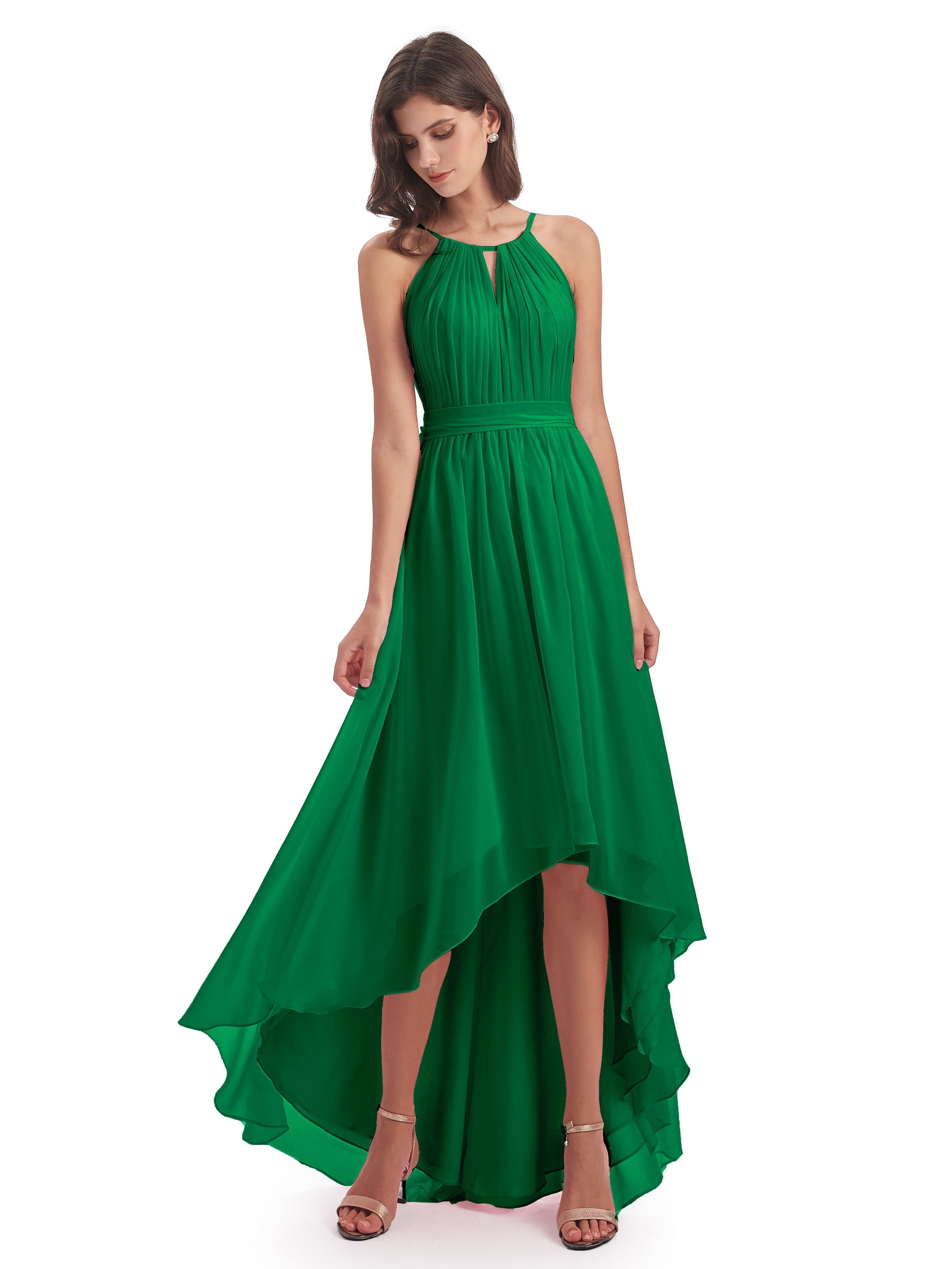 Robe Demoiselle D Honneur Emeraude Asymétrique Haute Basse Licou Mousseline Robes Demoiselle D'Honneur