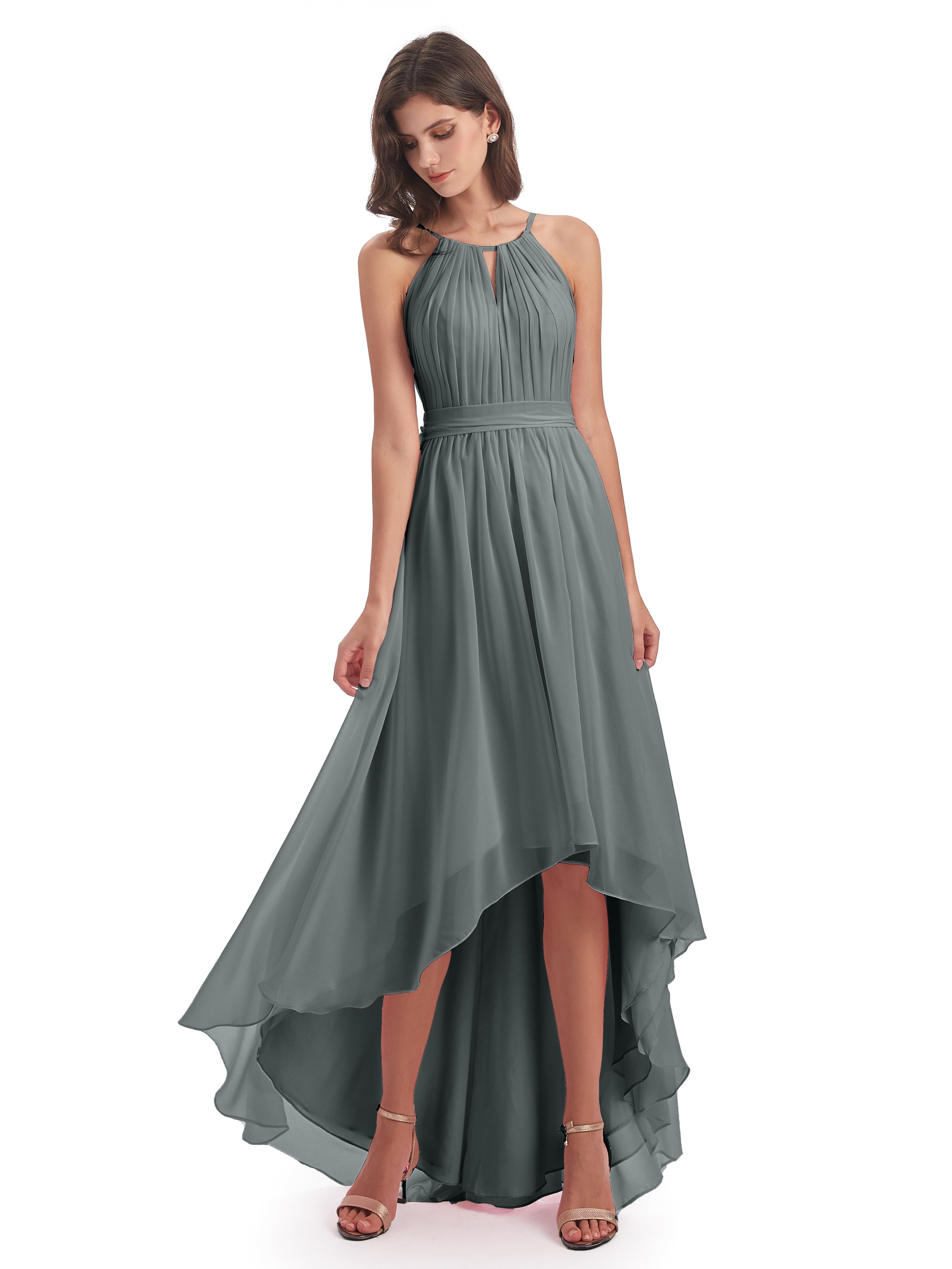 Demoiselle D Honneur Gris Asymétrique Haute Basse Licou Mousseline Robes Demoiselle D'Honneur