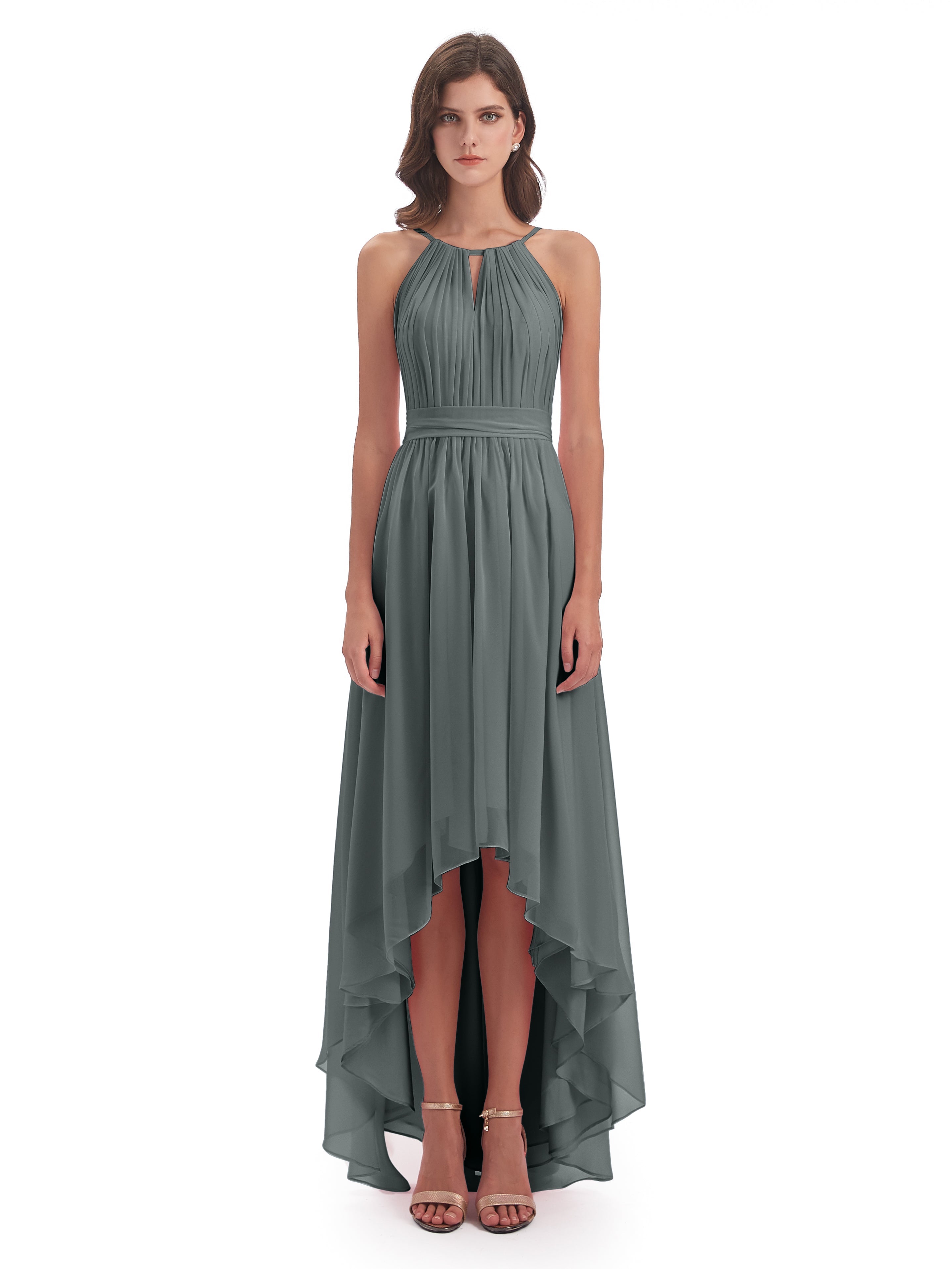 Demoiselle D Honneur Gris Asymétrique Haute Basse Licou Mousseline Robes Demoiselle D'Honneur