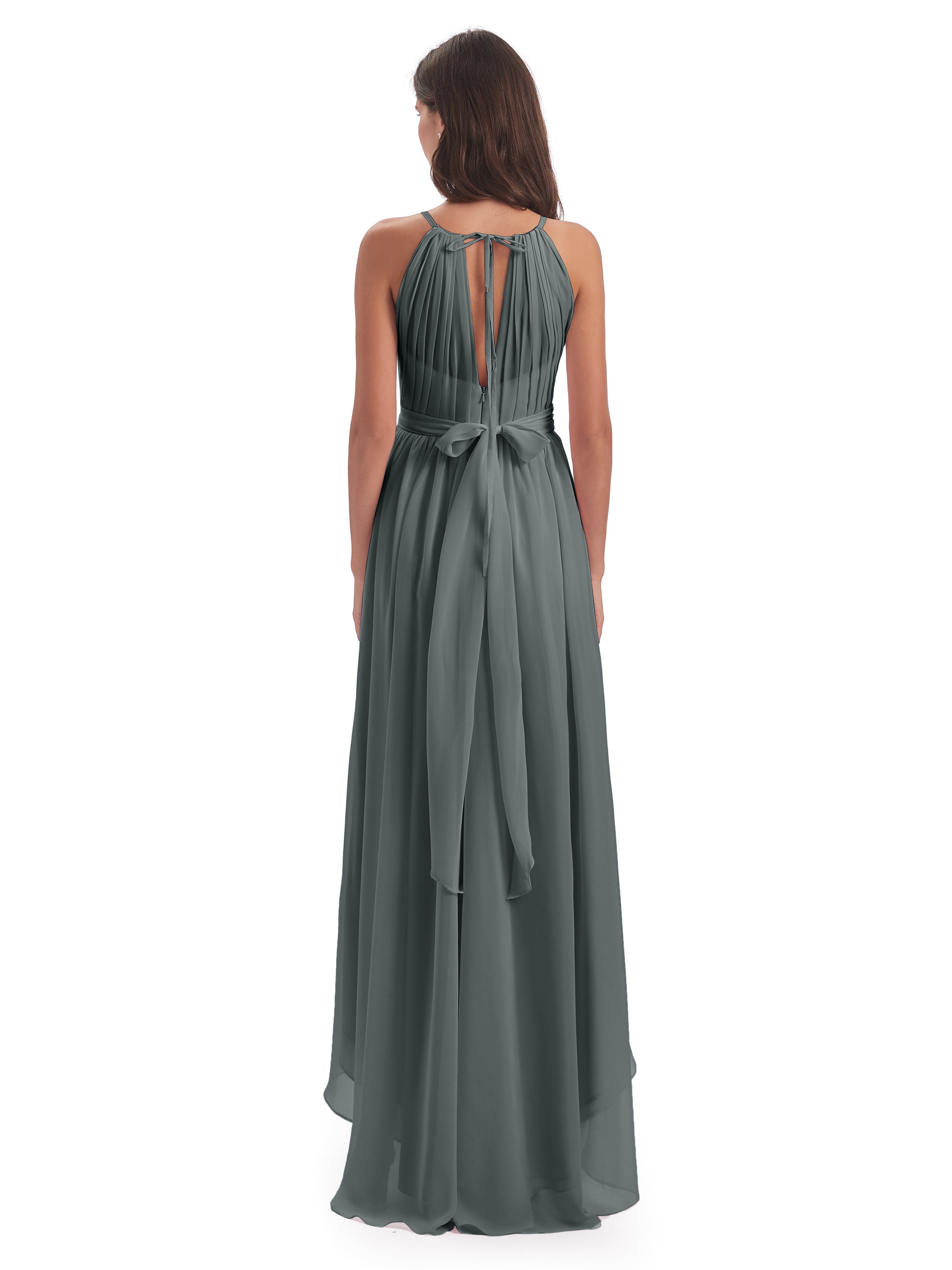 Demoiselle D Honneur Gris Asymétrique Haute Basse Licou Mousseline Robes Demoiselle D'Honneur
