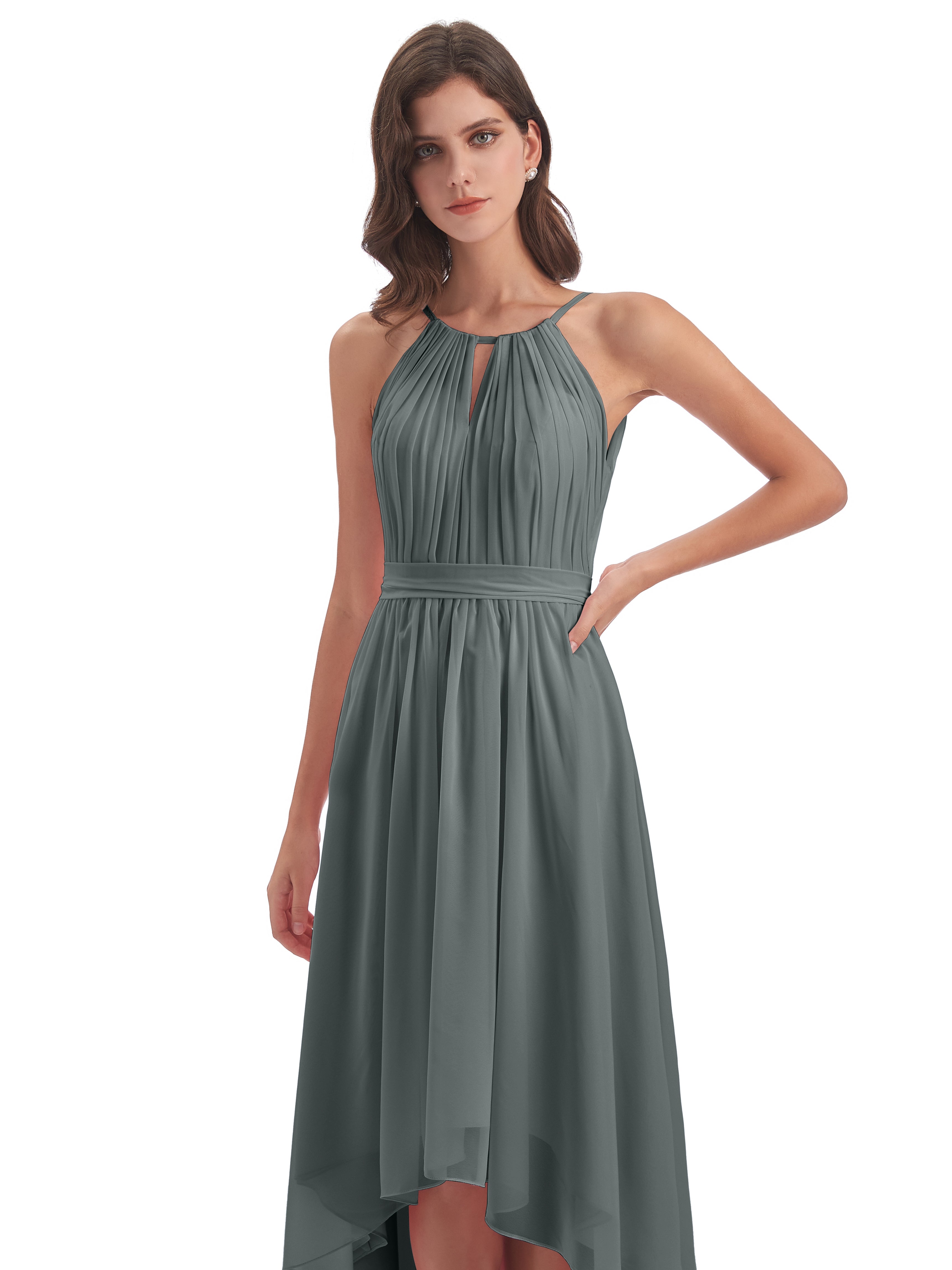 Demoiselle D Honneur Gris Asymétrique Haute Basse Licou Mousseline Robes Demoiselle D'Honneur
