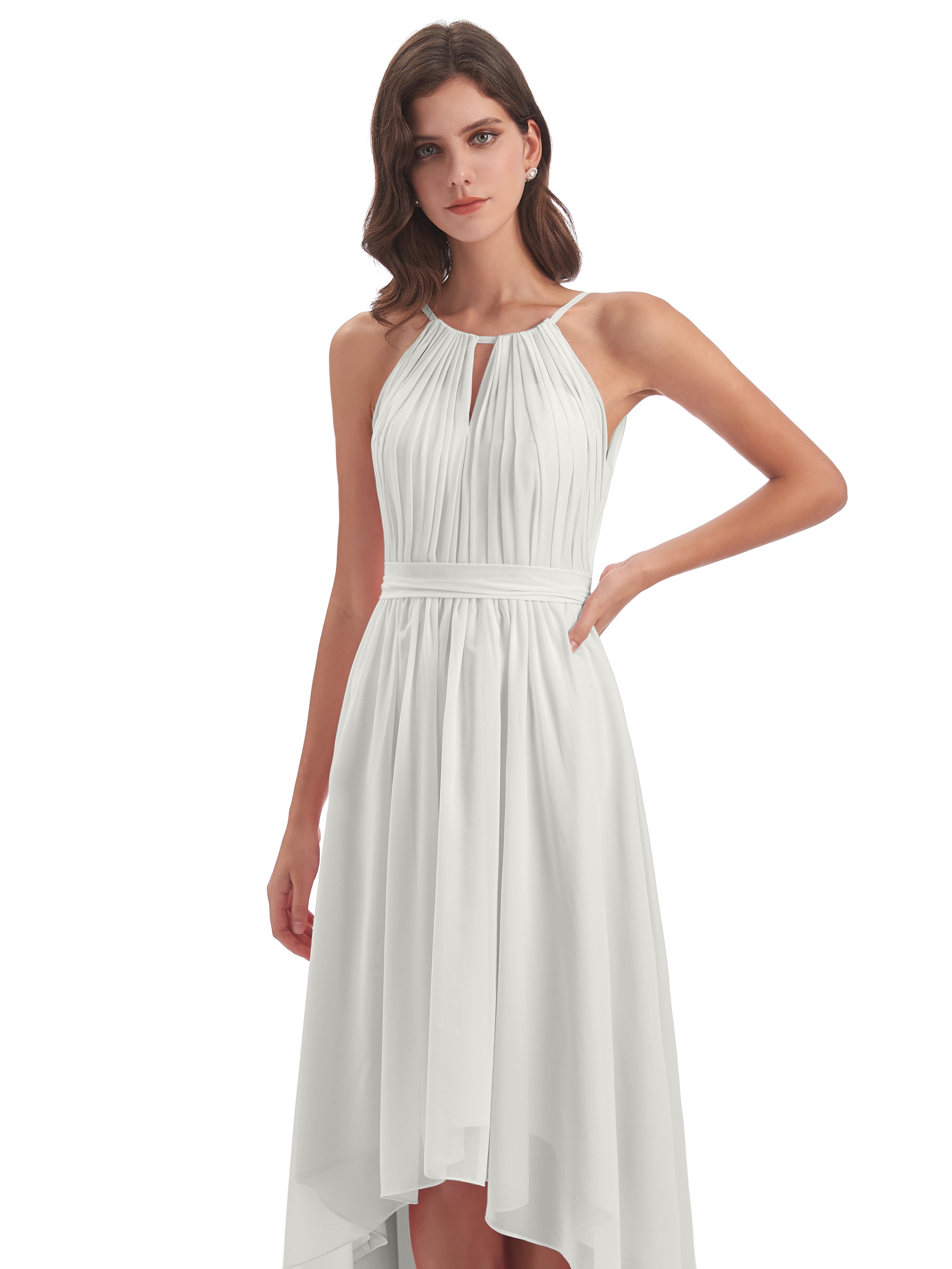 Robe De Demoiselle D Honneur Ivoire Asymétrique Haute Basse Licou Mousseline Robes Demoiselle D'Honneur