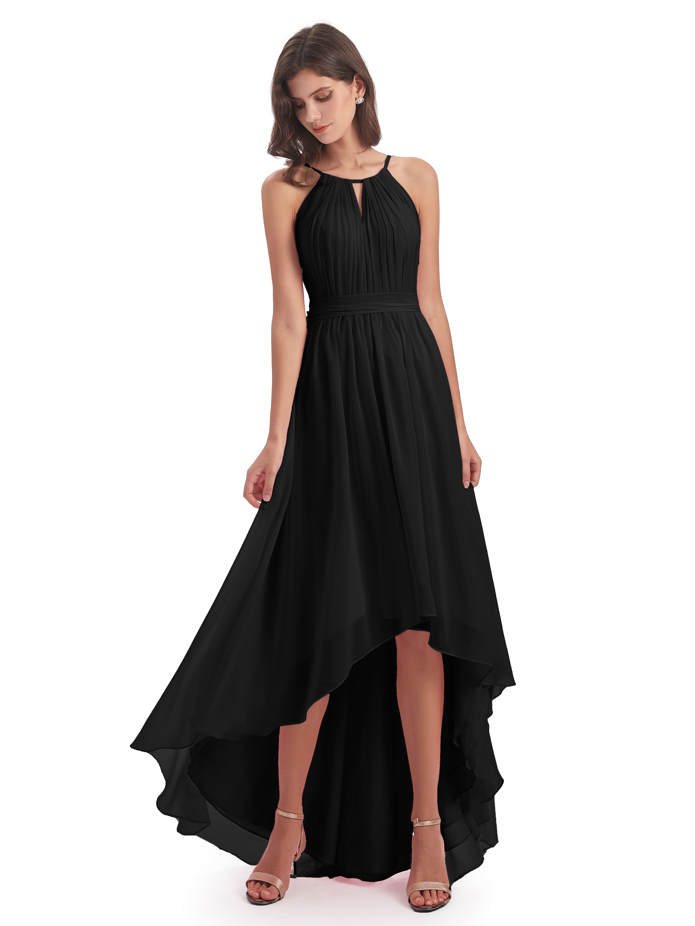 Robe Noire Demoiselle D Honneur Asymétrique Haute Basse Licou Mousseline Robes Demoiselle D'Honneur