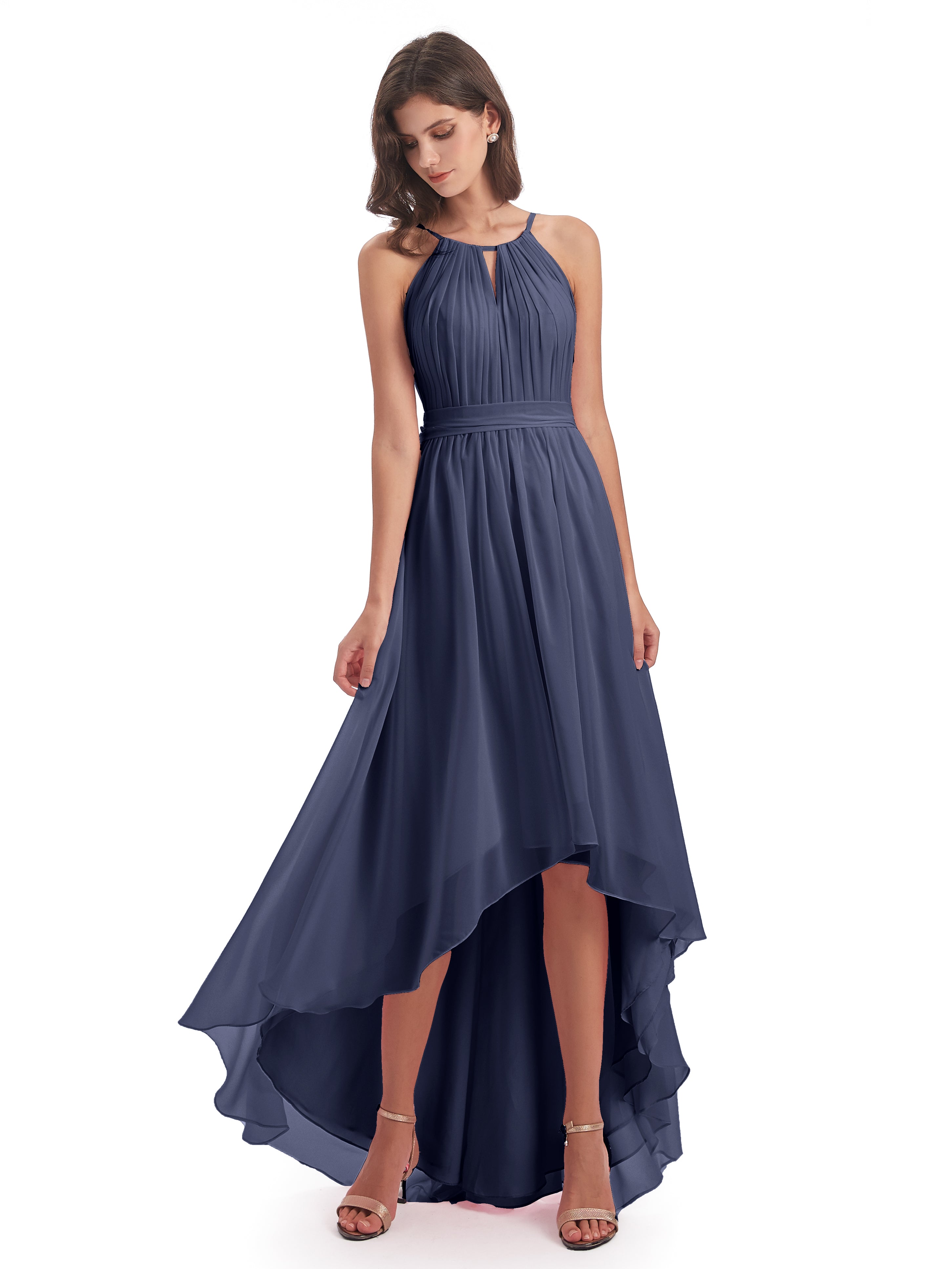 Robes De Demoiselle D'Honneur Bleu Orageux Asymétrique Haute Basse Licou Mousseline Robes Demoiselle D'Honneur