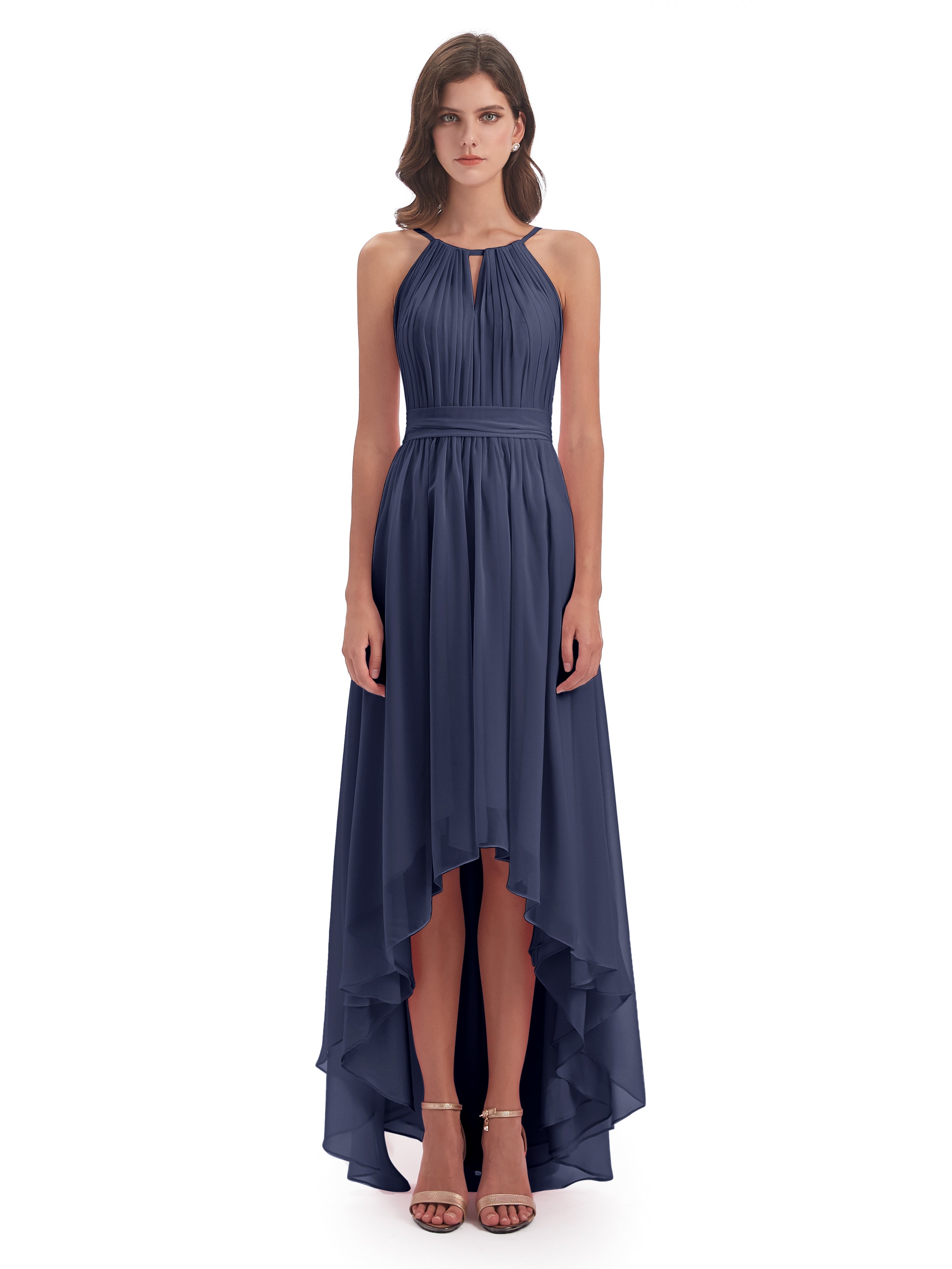 Robes De Demoiselle D'Honneur Bleu Orageux Asymétrique Haute Basse Licou Mousseline Robes Demoiselle D'Honneur