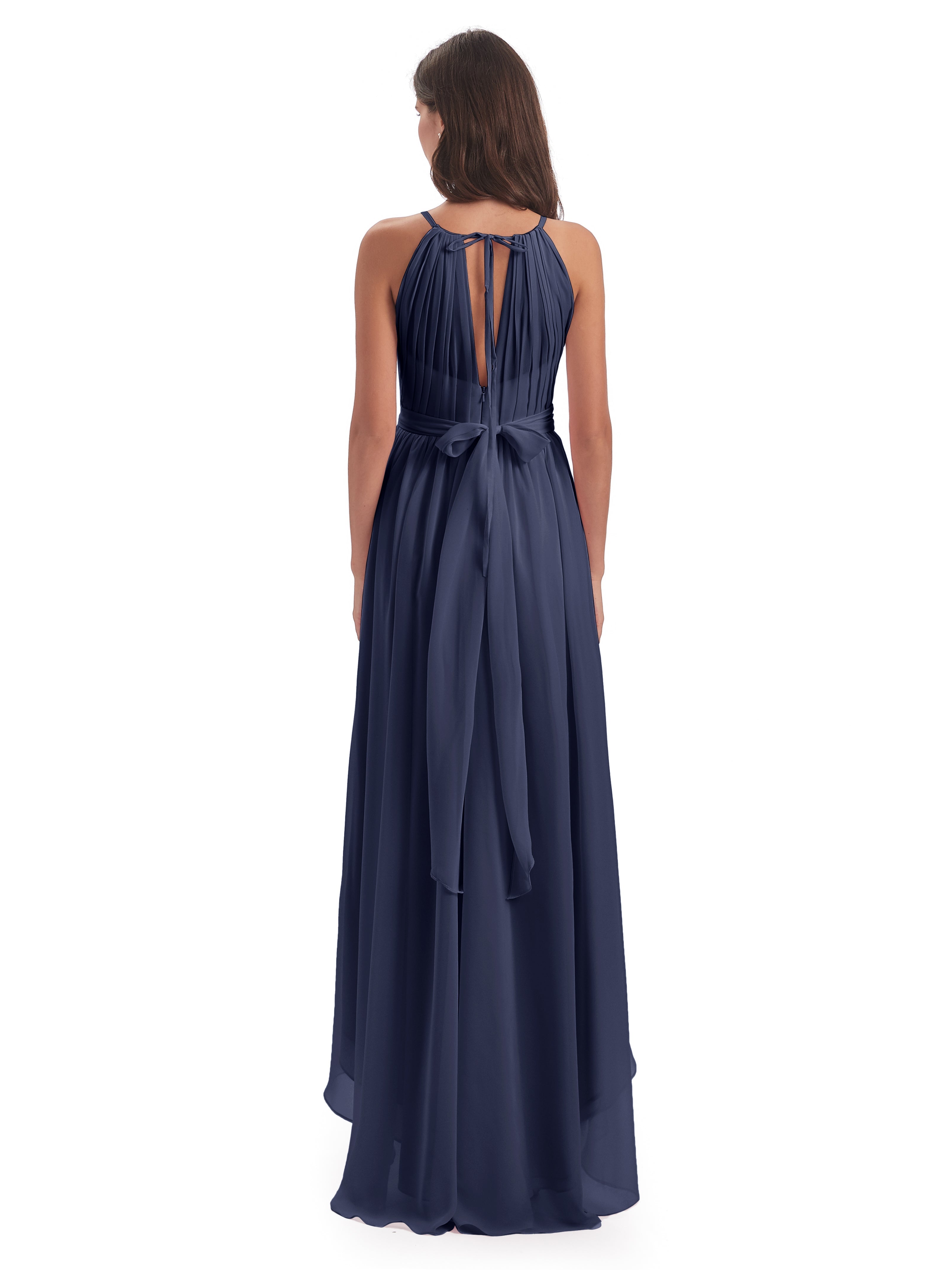 Robes De Demoiselle D'Honneur Bleu Orageux Asymétrique Haute Basse Licou Mousseline Robes Demoiselle D'Honneur