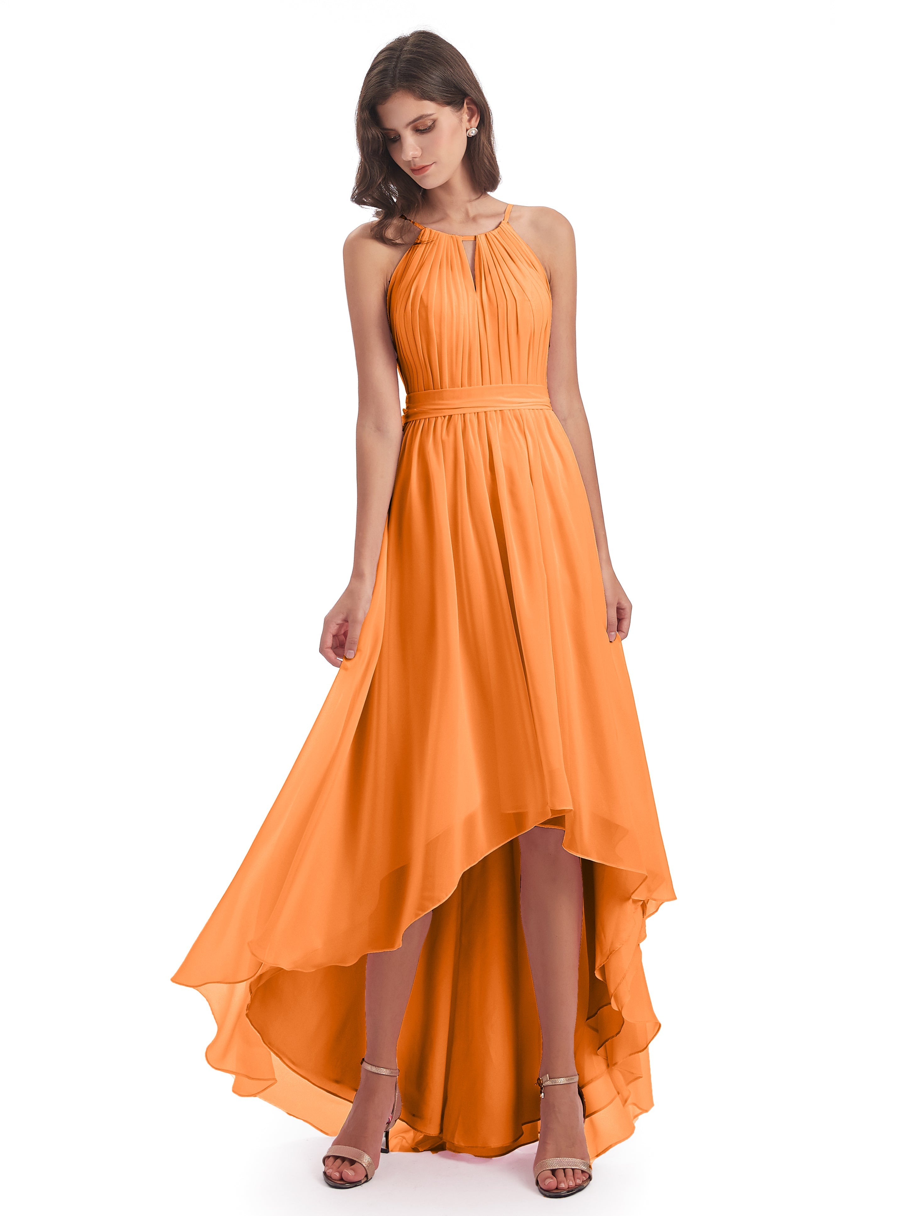 Demoiselle Dhonneur Robe Orange Asymétrique Haute Basse Licou Mousseline Robes Demoiselle D'Honneur