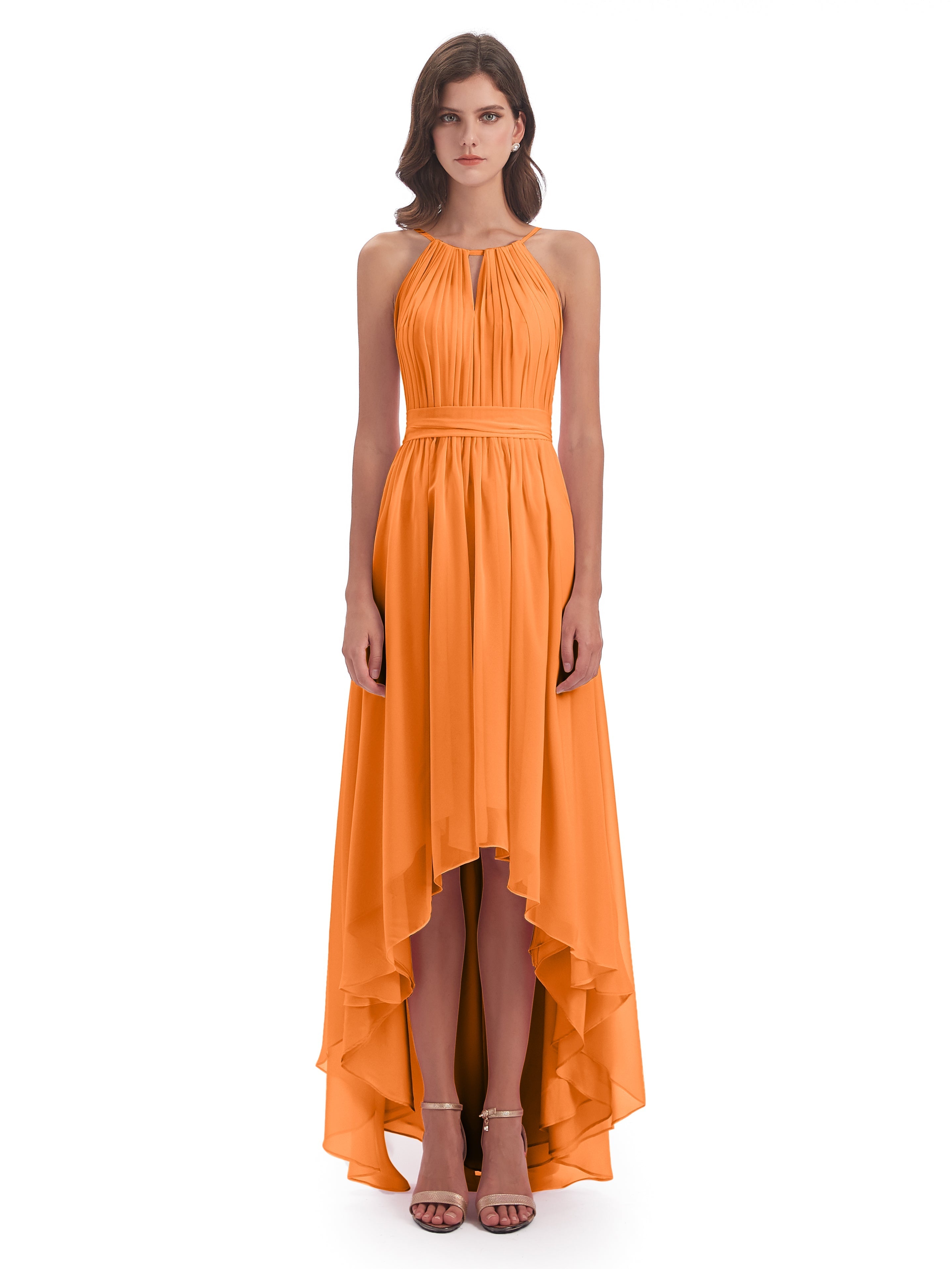 Demoiselle Dhonneur Robe Orange Asymétrique Haute Basse Licou Mousseline Robes Demoiselle D'Honneur