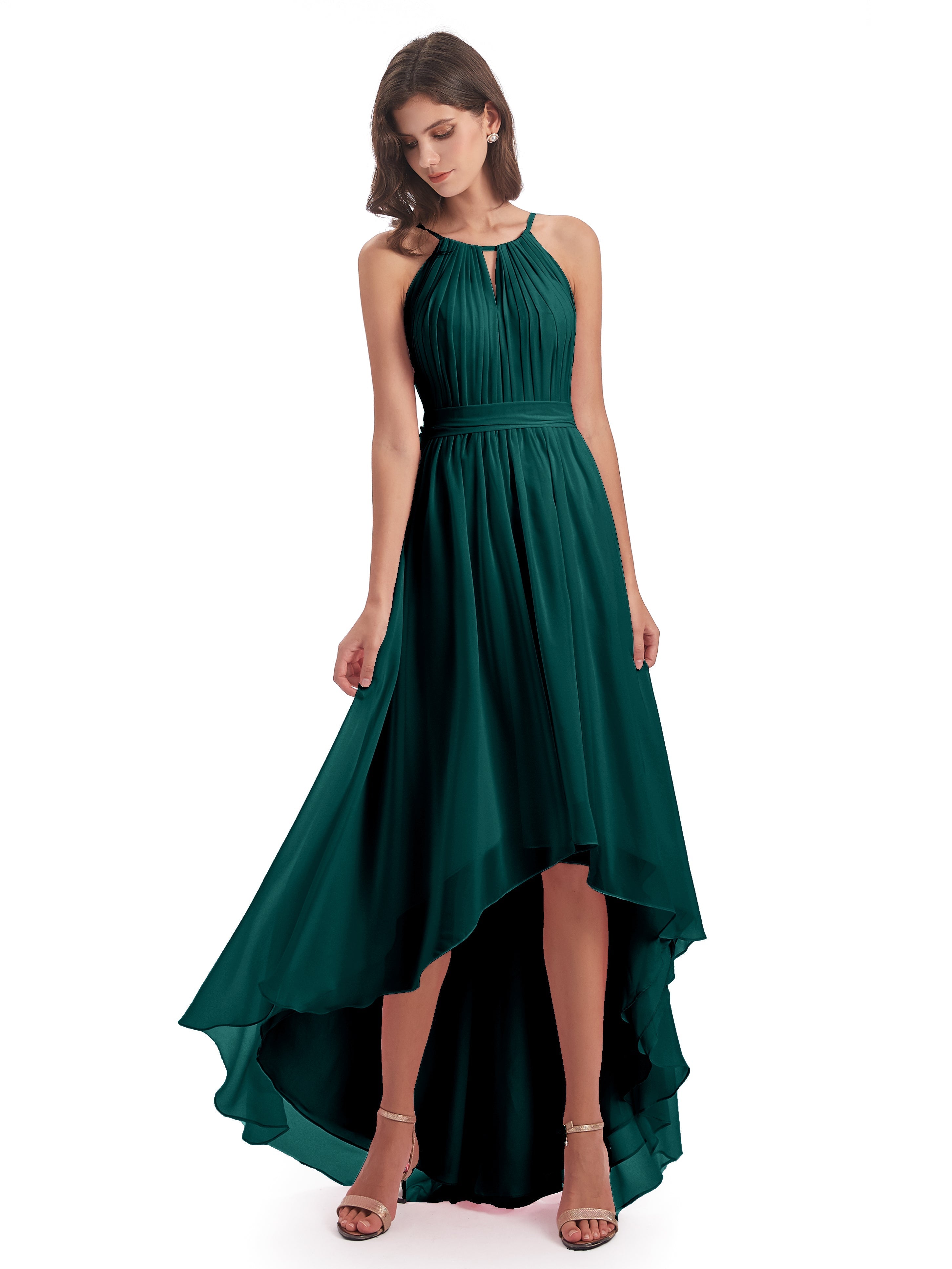 Robe De Demoiselle D'Honneur En Mousseline De Paon Asymétrique Haute Basse Licou Mousseline Robes Demoiselle D'Honneur