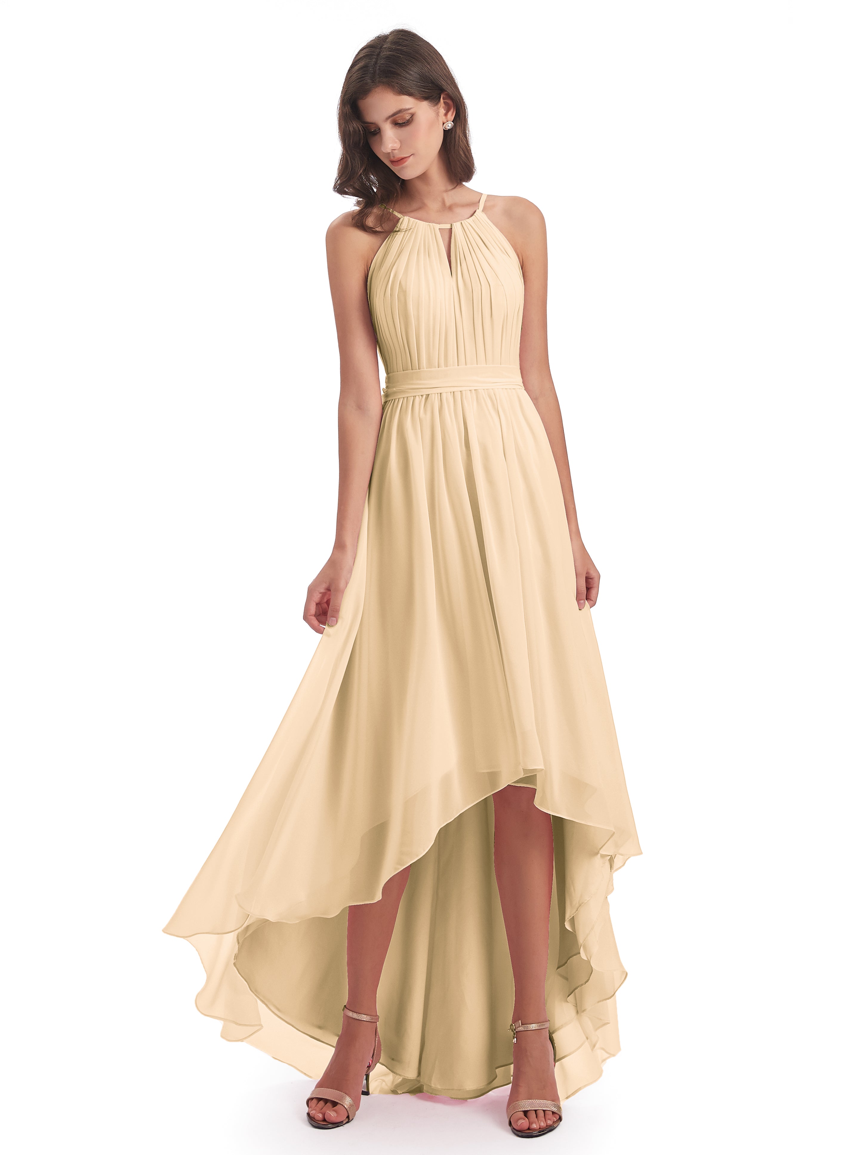 Robe De Demoiselle D Honneur Peche Asymétrique Haute Basse Licou Mousseline Robes Demoiselle D'Honneur