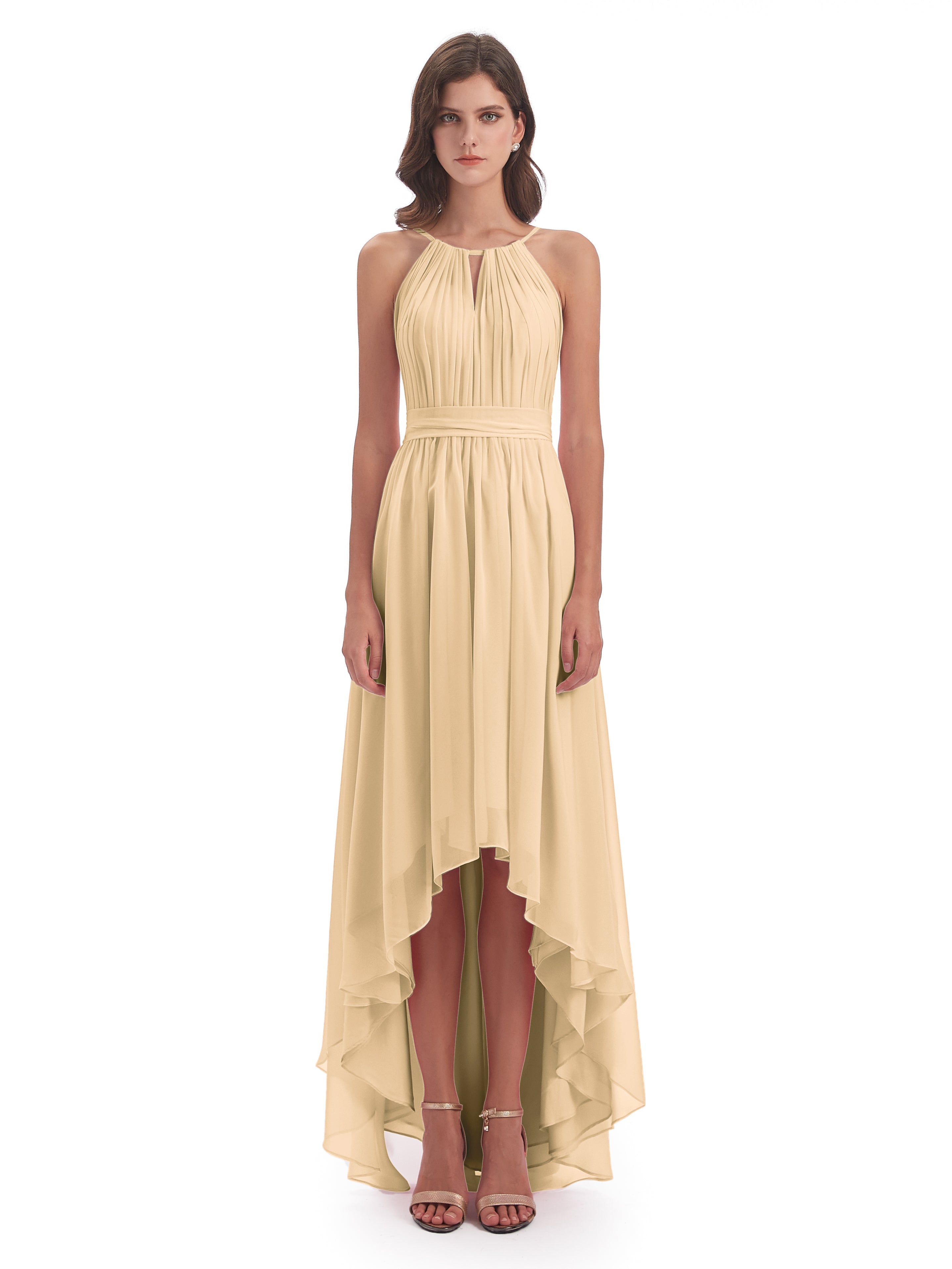 Robe De Demoiselle D Honneur Peche Asymétrique Haute Basse Licou Mousseline Robes Demoiselle D'Honneur