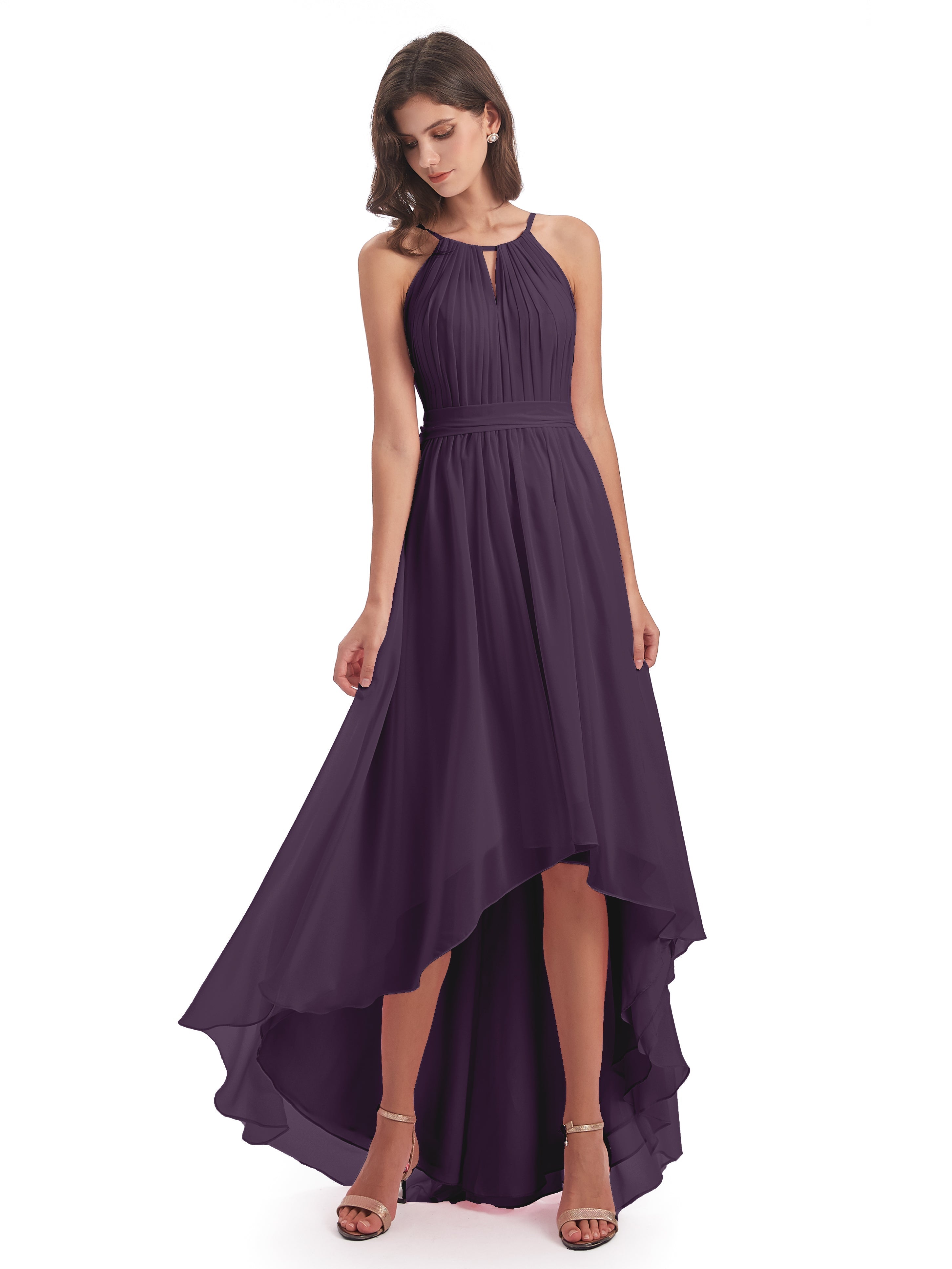 Robe Demoiselle D Honneur Plume Asymétrique Haute Basse Licou Mousseline Robes Demoiselle D'Honneur