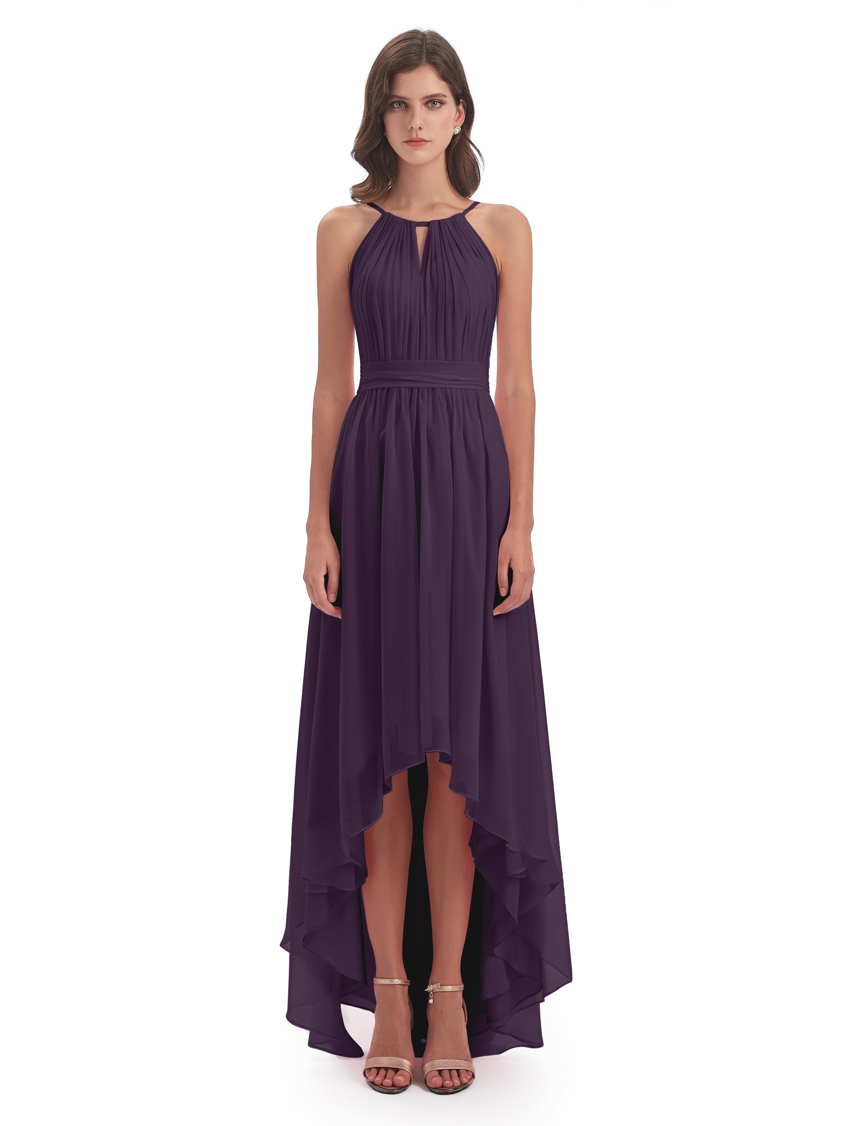 Robe Demoiselle D Honneur Plume Asymétrique Haute Basse Licou Mousseline Robes Demoiselle D'Honneur