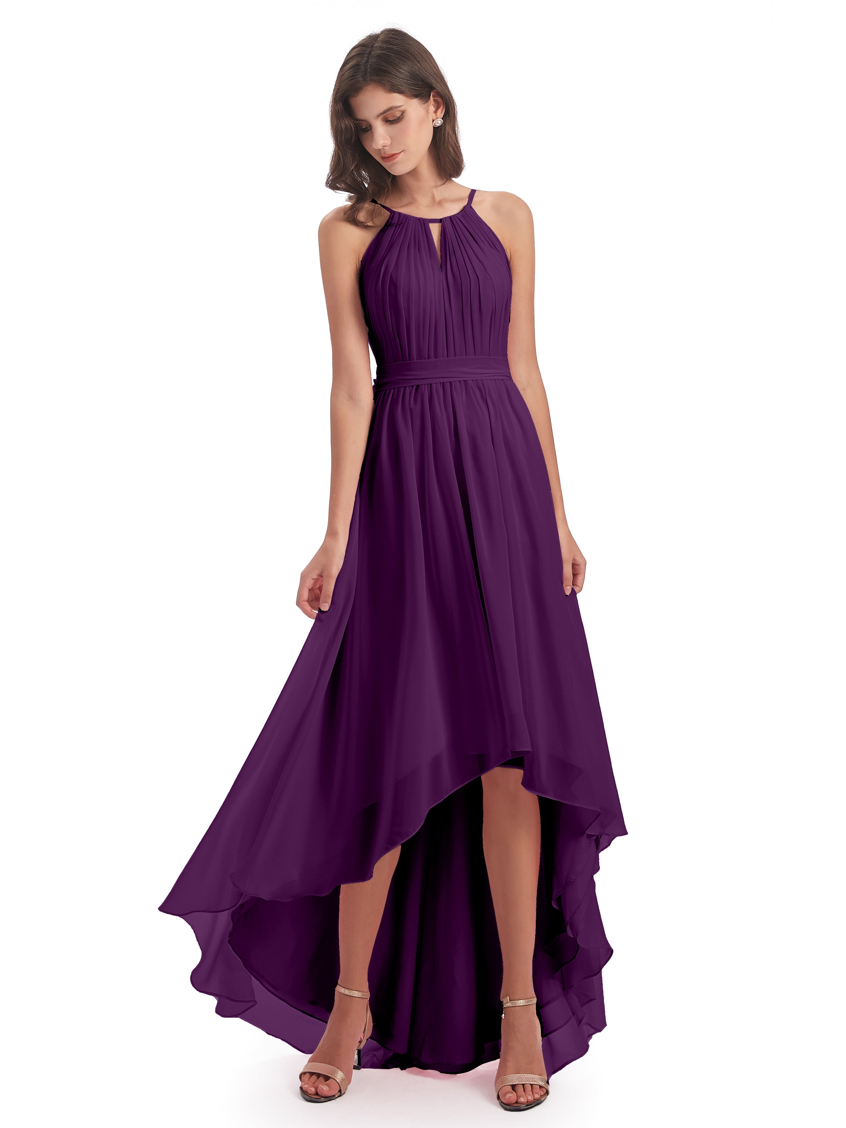 Robes De Demoiselle D'Honneur En Raisin Asymétrique Haute Basse Licou Mousseline Robes Demoiselle D'Honneur