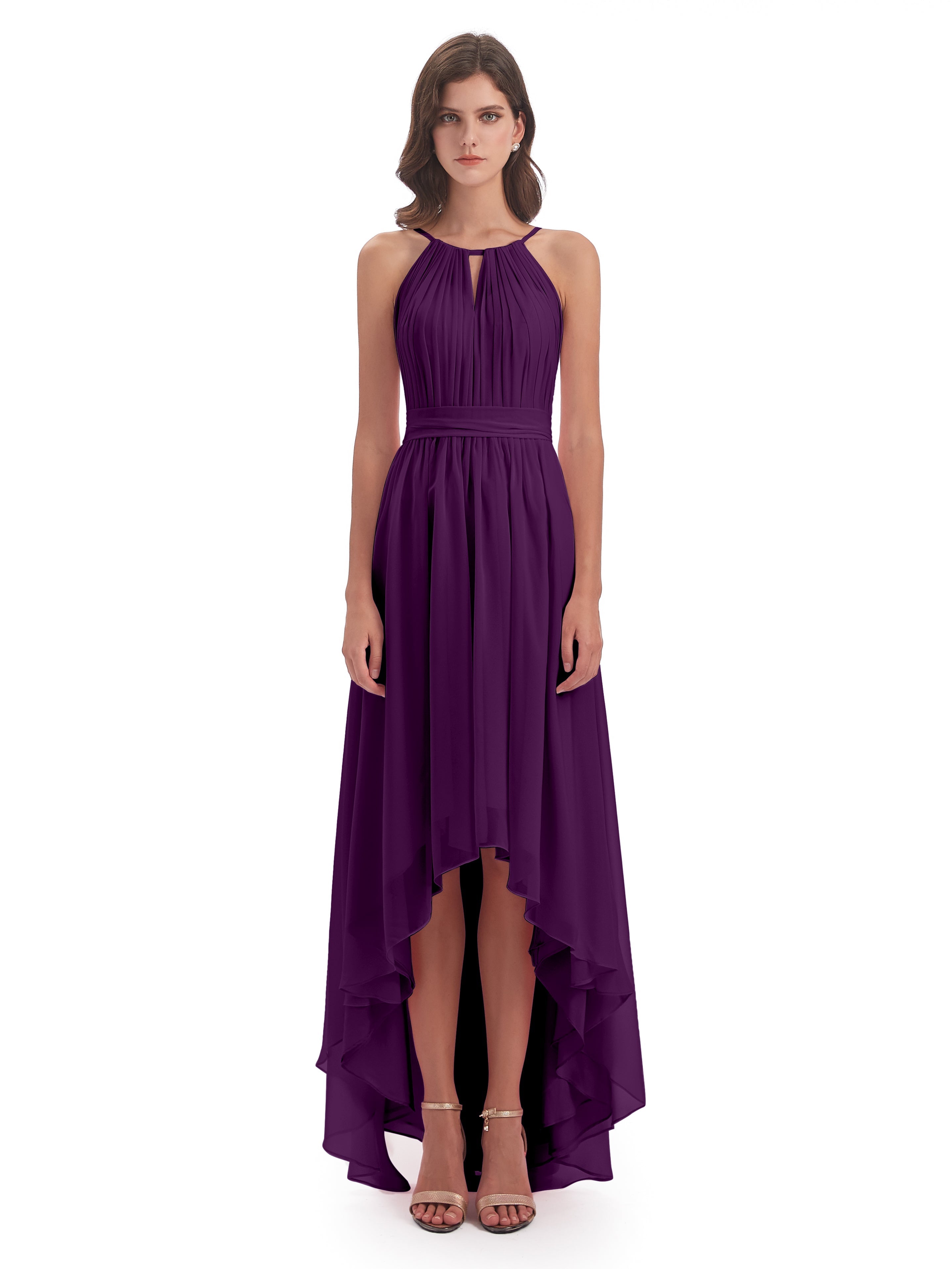 Robes De Demoiselle D'Honneur En Raisin Asymétrique Haute Basse Licou Mousseline Robes Demoiselle D'Honneur