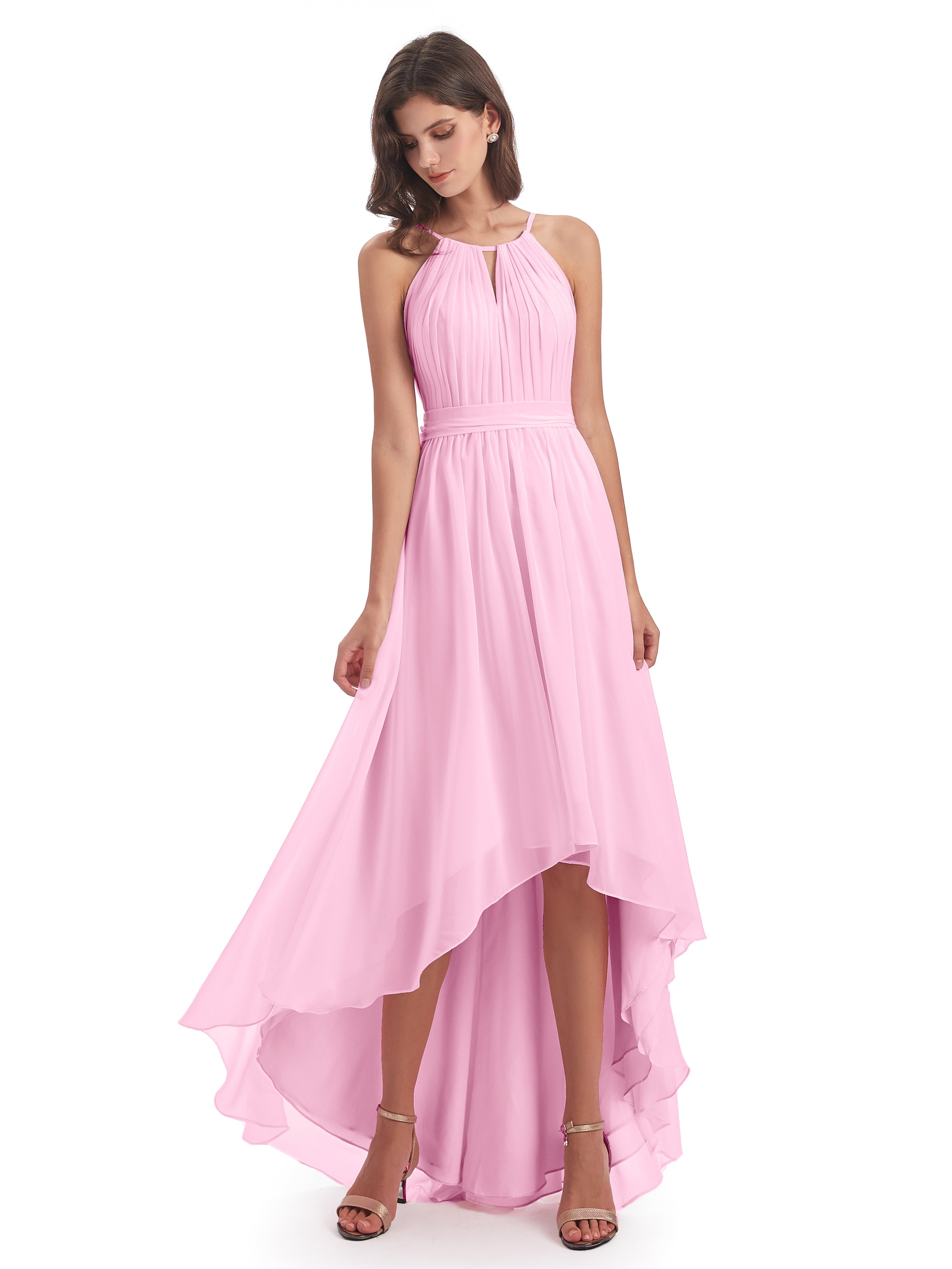 Robe Demoiselle D Honneur Rose Bonbon Asymétrique Haute Basse Licou Mousseline Robes Demoiselle D'Honneur