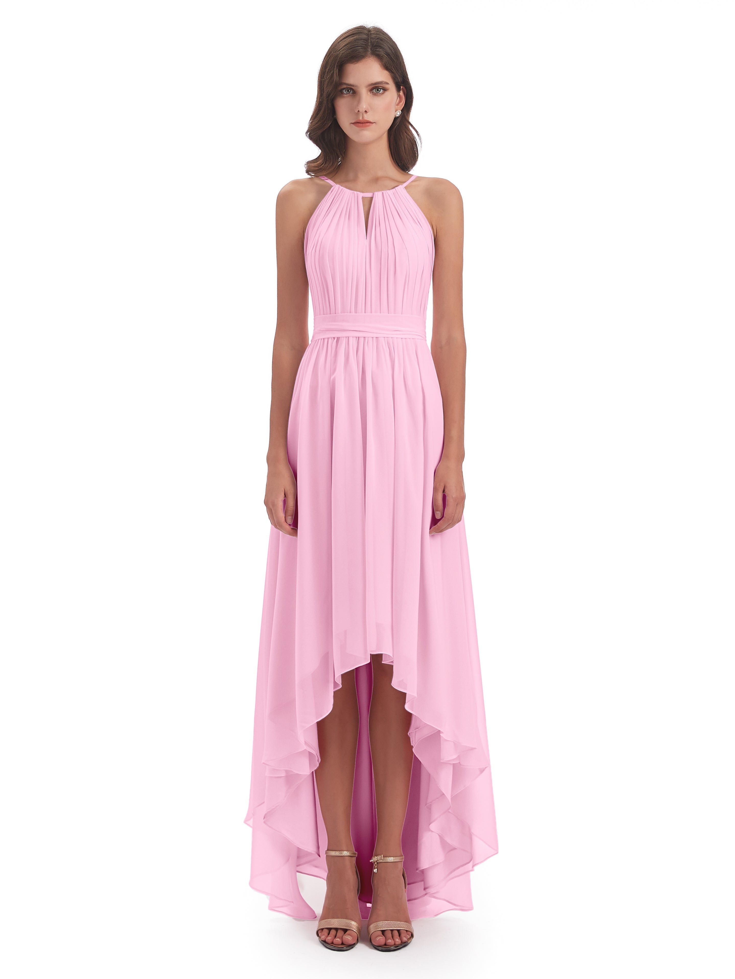 Robe Demoiselle D Honneur Rose Bonbon Asymétrique Haute Basse Licou Mousseline Robes Demoiselle D'Honneur