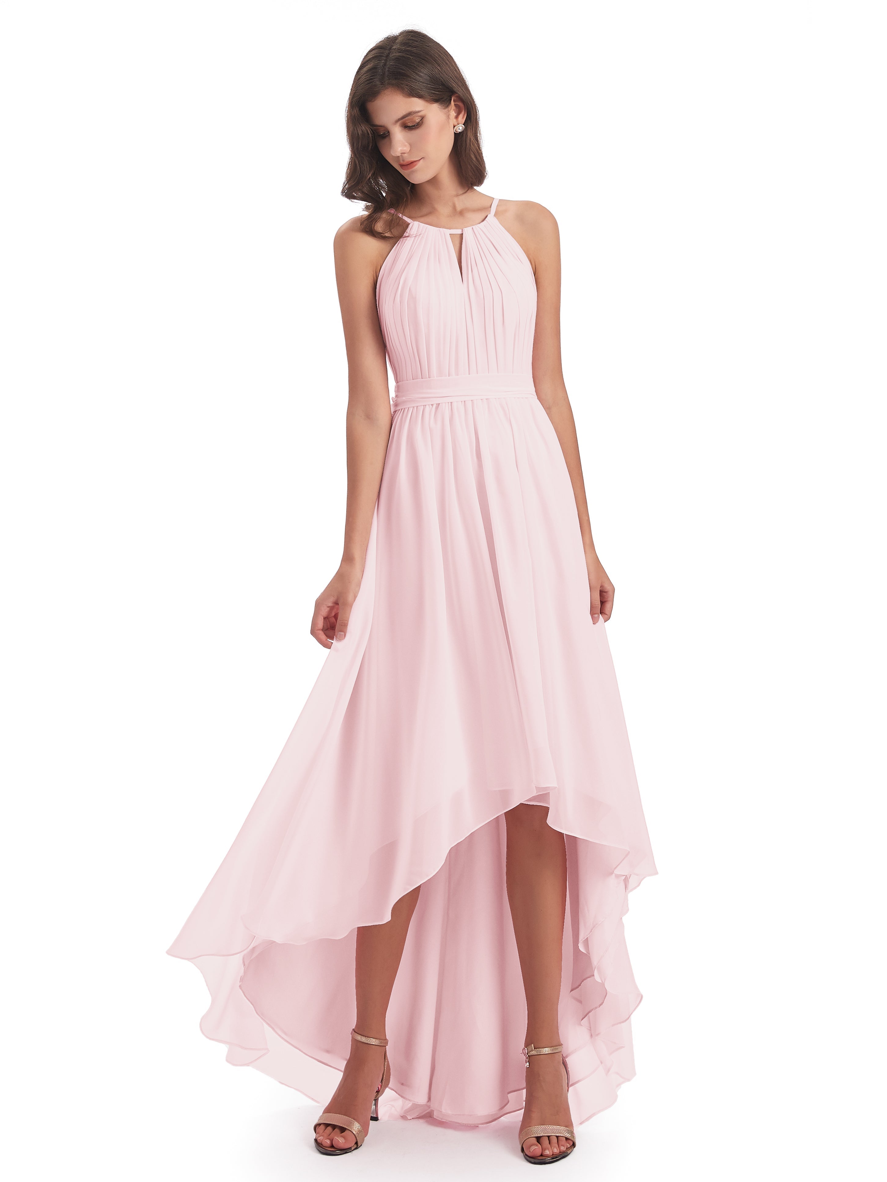 Robes Demoiselle D Honneur Rose Pale Asymétrique Haute Basse Licou Mousseline Robes Demoiselle D'Honneur