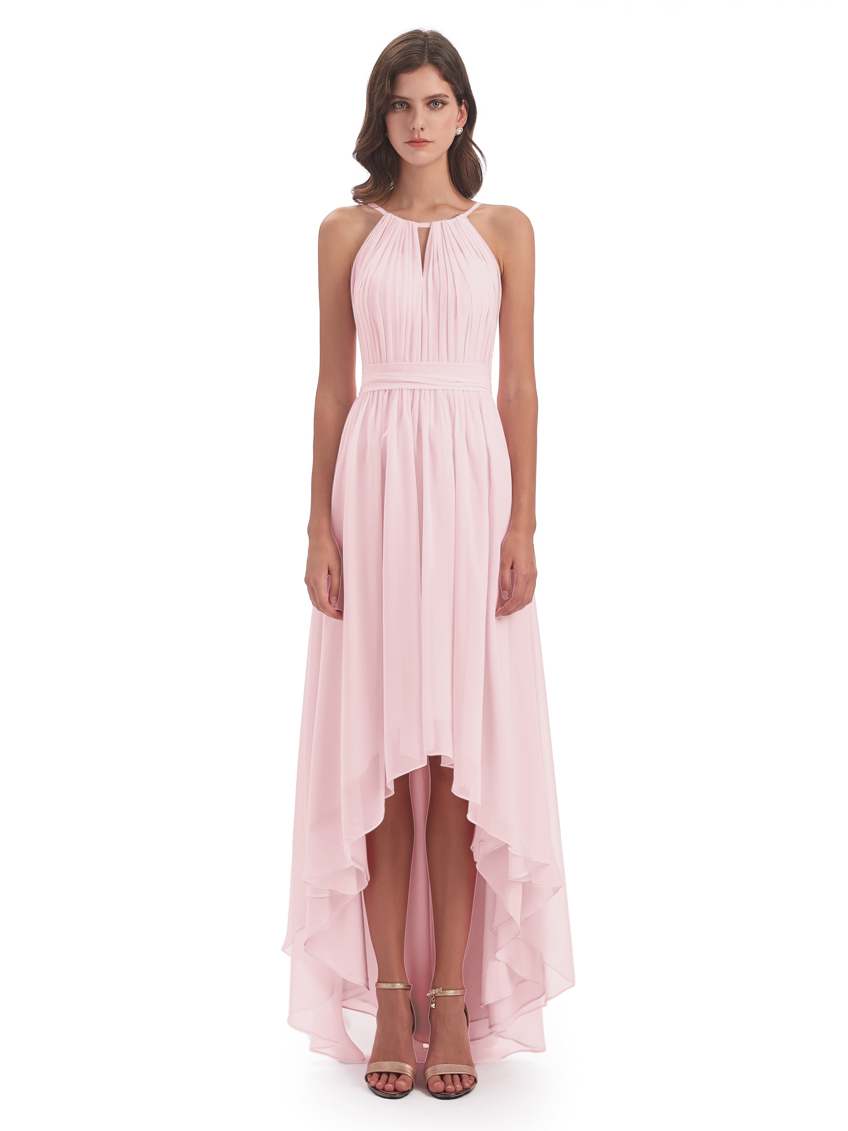 Robes Demoiselle D Honneur Rose Pale Asymétrique Haute Basse Licou Mousseline Robes Demoiselle D'Honneur