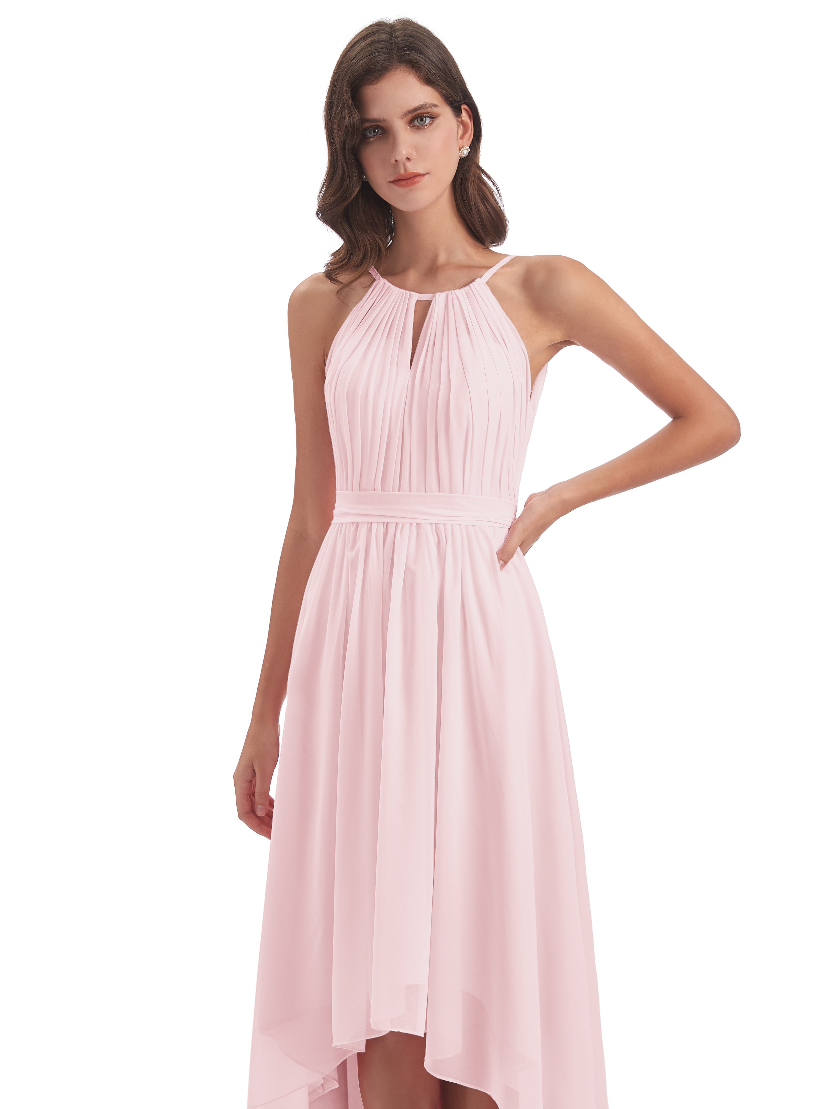 Robes Demoiselle D Honneur Rose Pale Asymétrique Haute Basse Licou Mousseline Robes Demoiselle D'Honneur