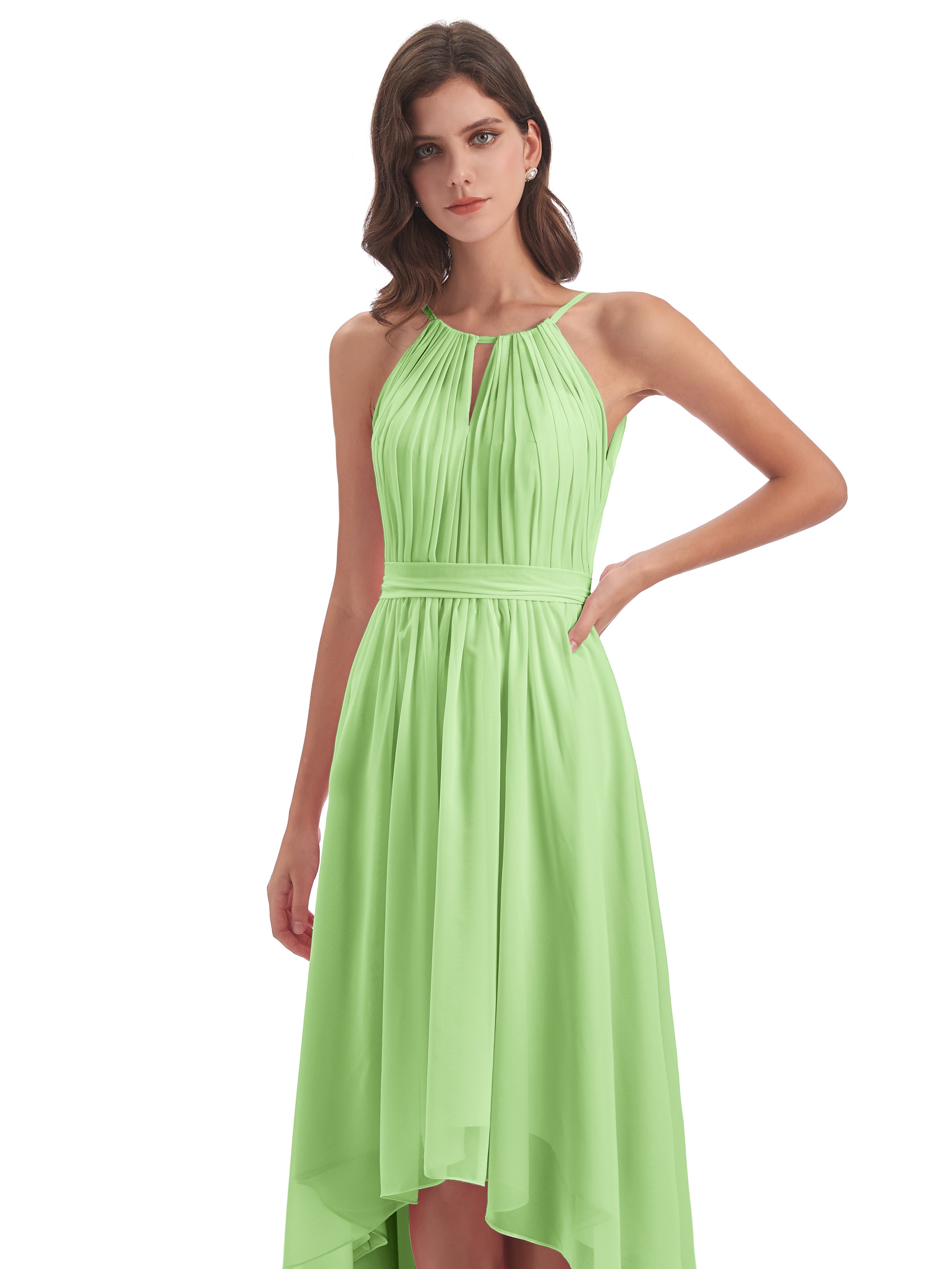 Robe Sauge Demoiselle D Honneur Asymétrique Haute Basse Licou Mousseline Robes Demoiselle D'Honneur