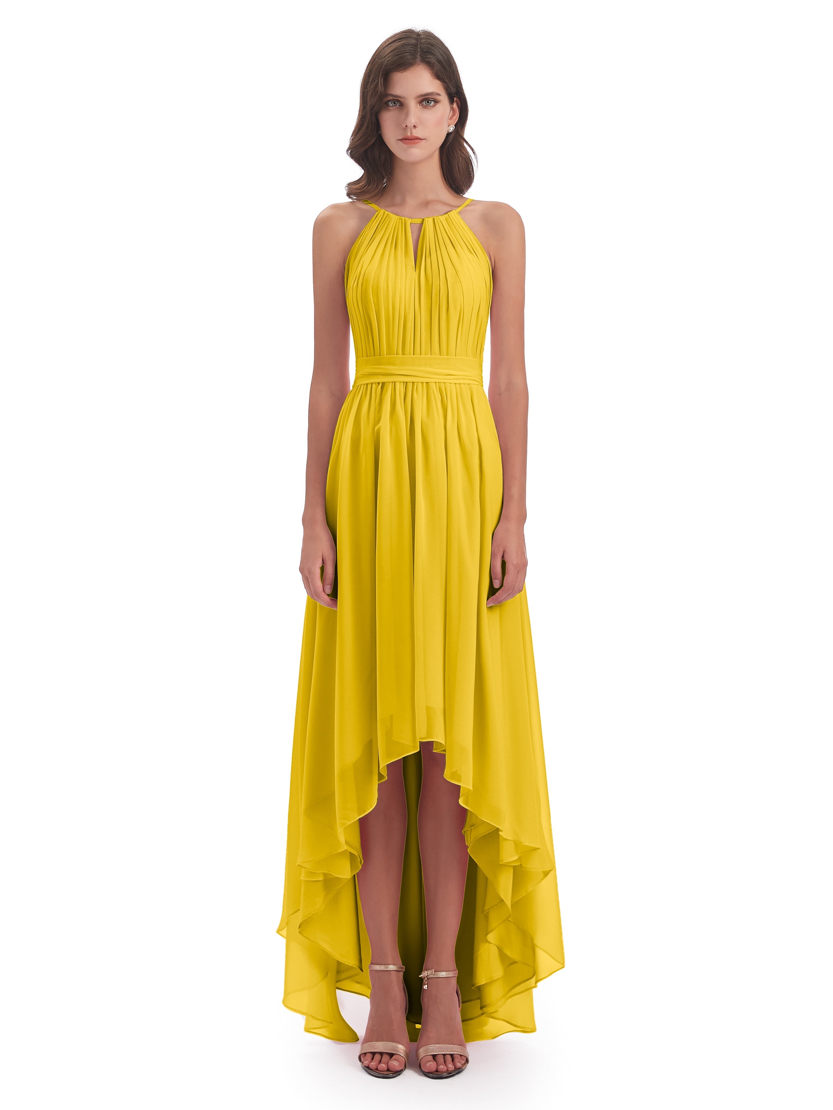 Robe De Demoiselle D'Honneur Souci Asymétrique Haute Basse Licou Mousseline Robes Demoiselle D'Honneur