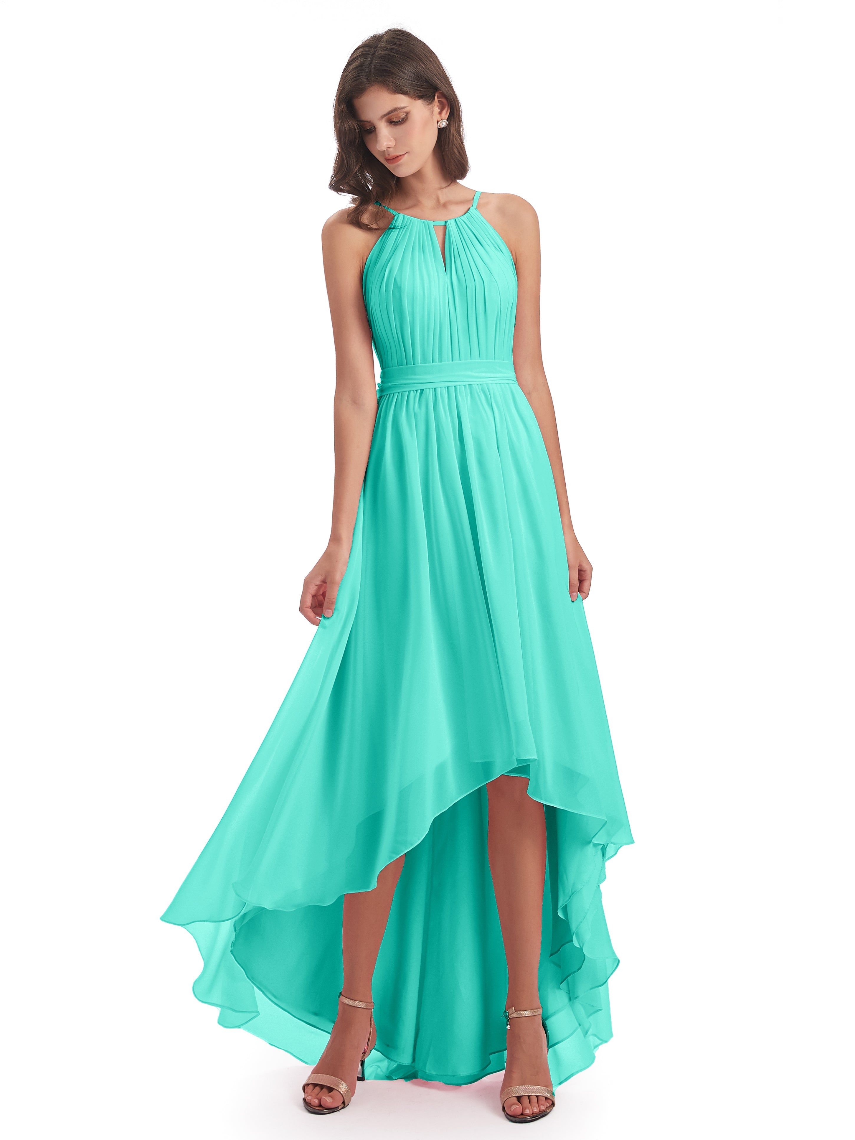 Robes De Demoiselle D'Honneur Spa Asymétrique Haute Basse Licou Mousseline Robes Demoiselle D'Honneur