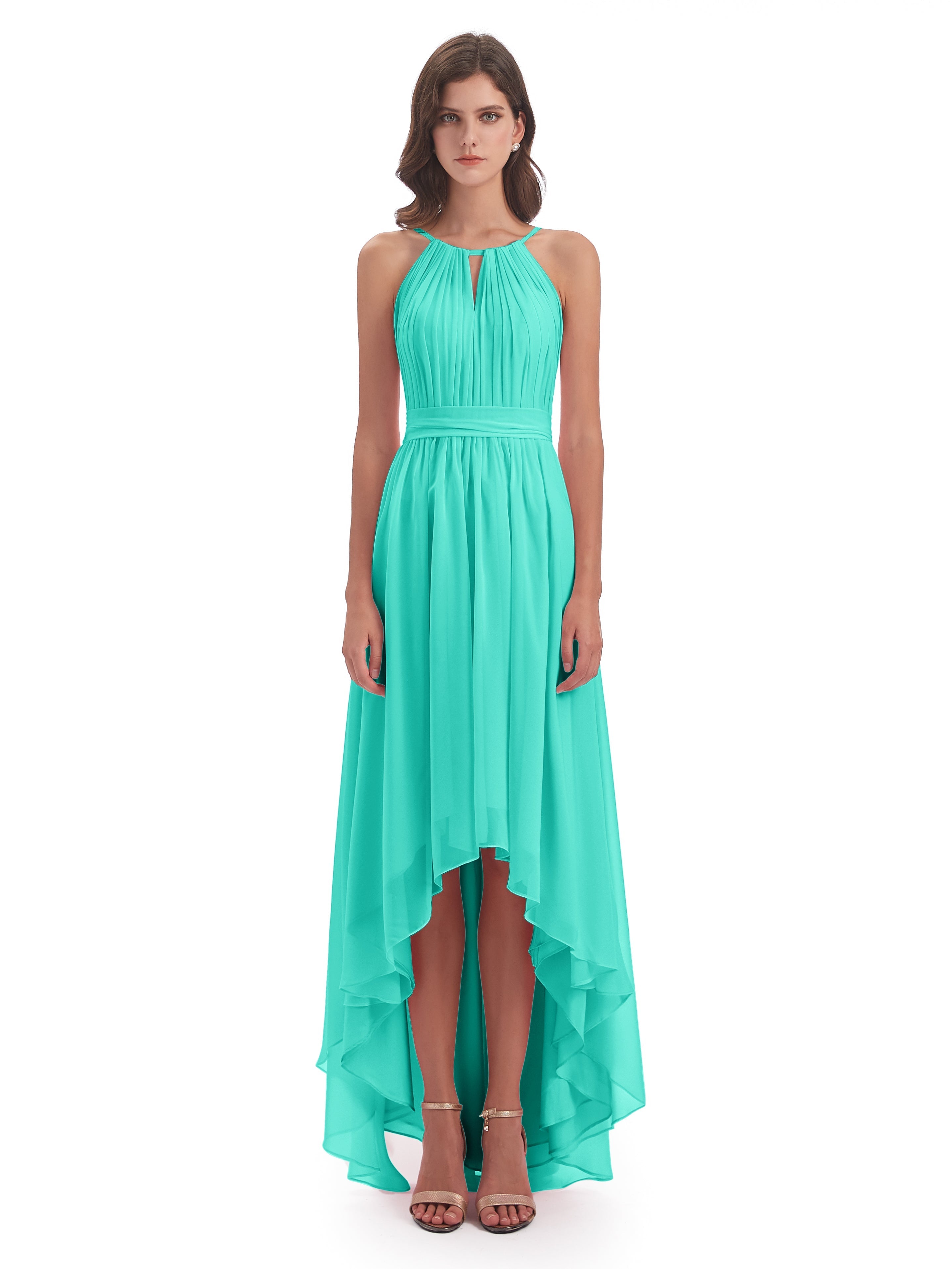 Robes De Demoiselle D'Honneur Spa Asymétrique Haute Basse Licou Mousseline Robes Demoiselle D'Honneur