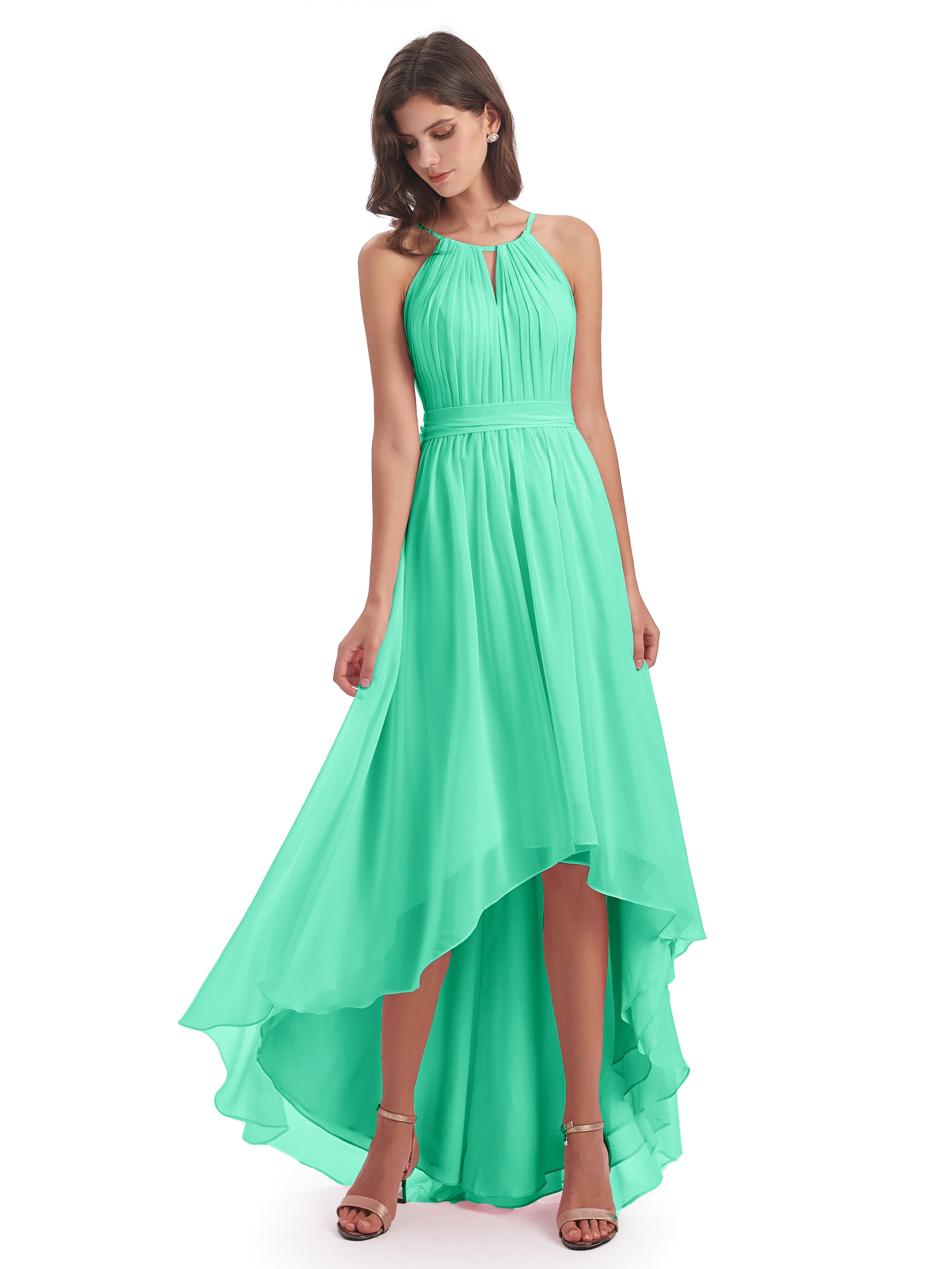 Robe De Demoiselle D Honneur Bleu Turquoise Asymétrique Haute Basse Licou Mousseline Robes Demoiselle D'Honneur