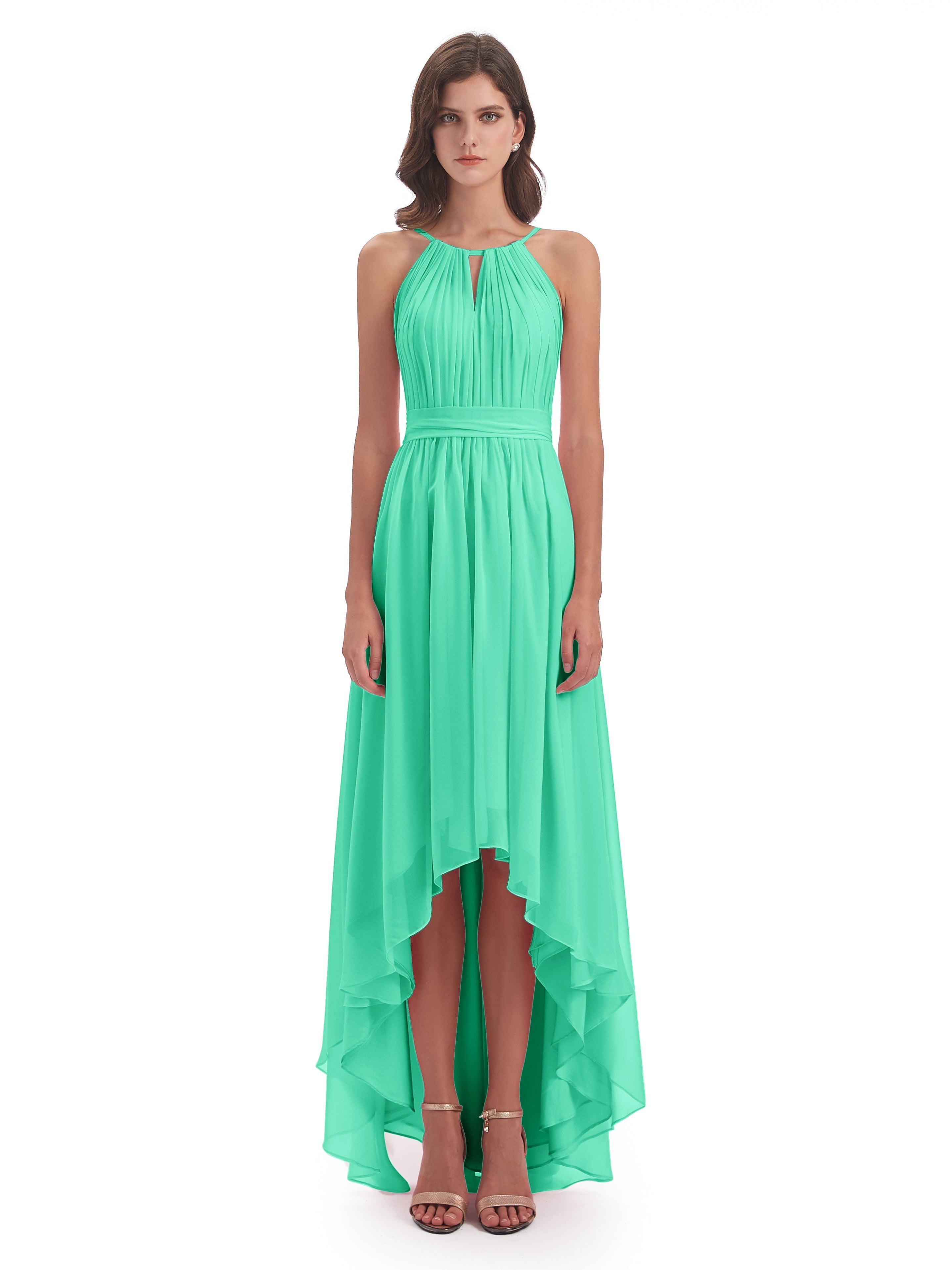 Robe De Demoiselle D Honneur Bleu Turquoise Asymétrique Haute Basse Licou Mousseline Robes Demoiselle D'Honneur