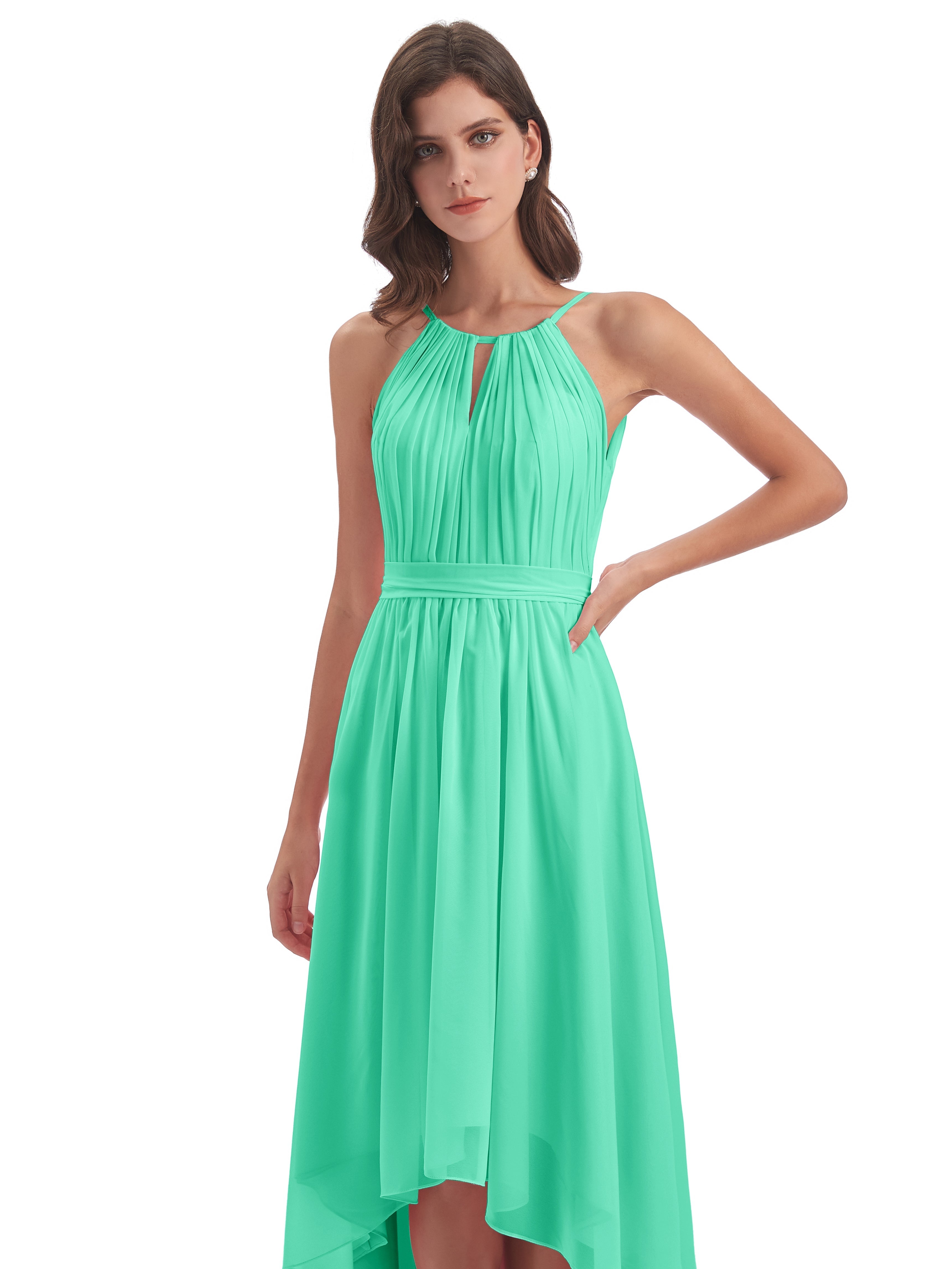 Robe De Demoiselle D Honneur Bleu Turquoise Asymétrique Haute Basse Licou Mousseline Robes Demoiselle D'Honneur