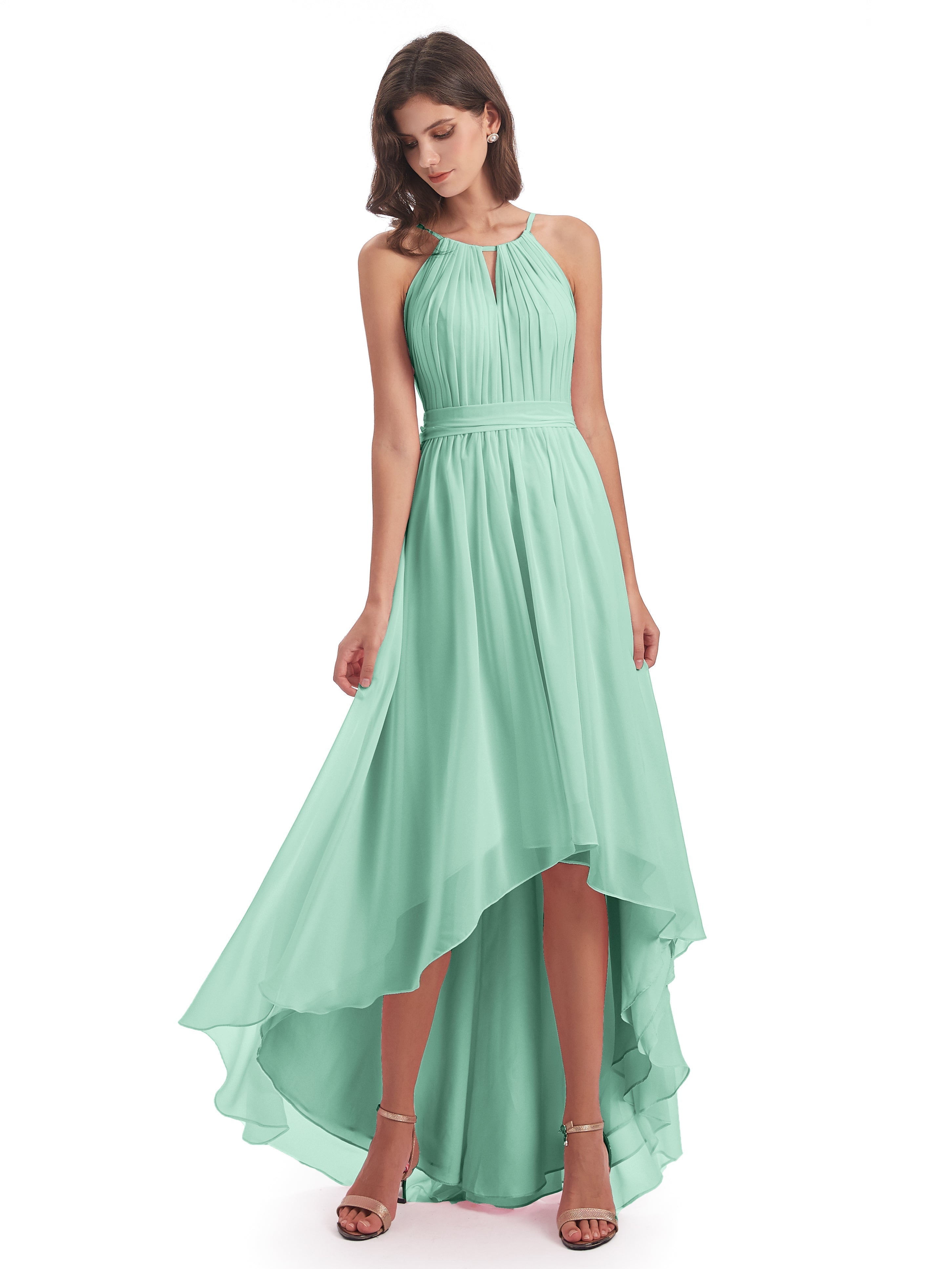 Robe Demoiselle D Honneur Menthe Asymétrique Haute Basse Licou Mousseline Robes Demoiselle D'Honneur
