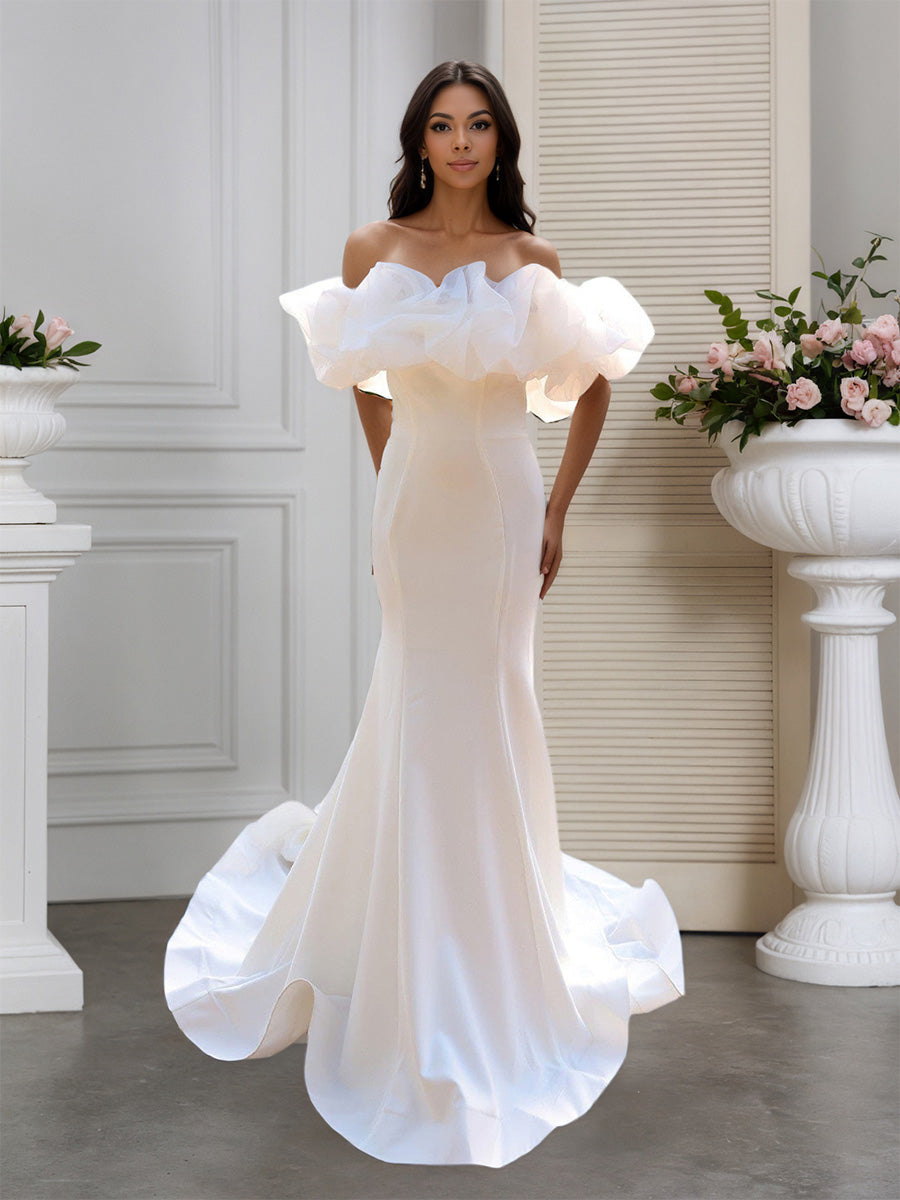 Cicinia Robe de Mariée Sirène Épaules Dénudées Col Goliath avec Traîne Balayée Luxueuse