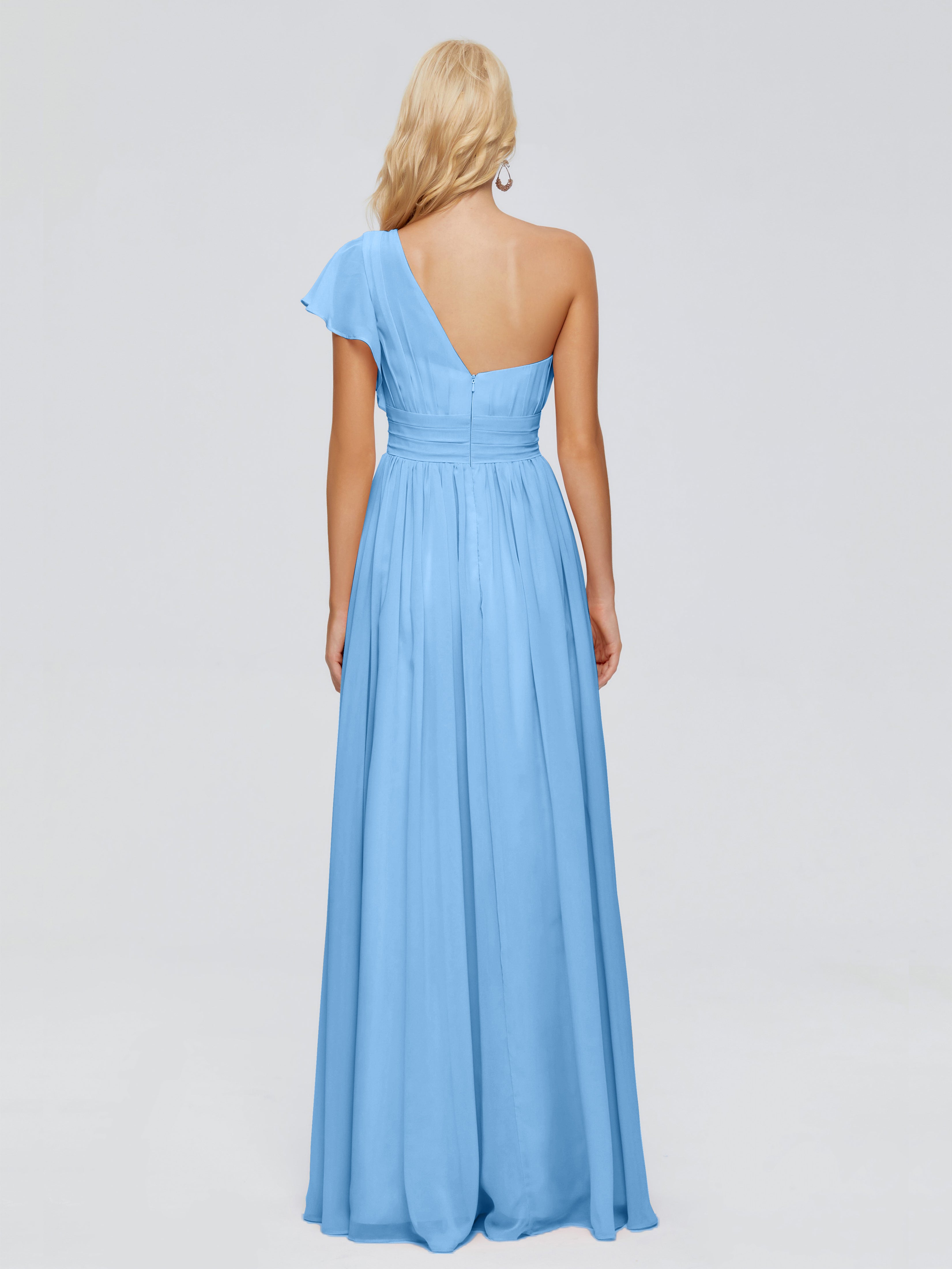 Robes De Demoiselle D'Honneur Bleu Clair Longues Trapèze Seule-Épaule Mousseline Robes Demoiselle D'Honneur