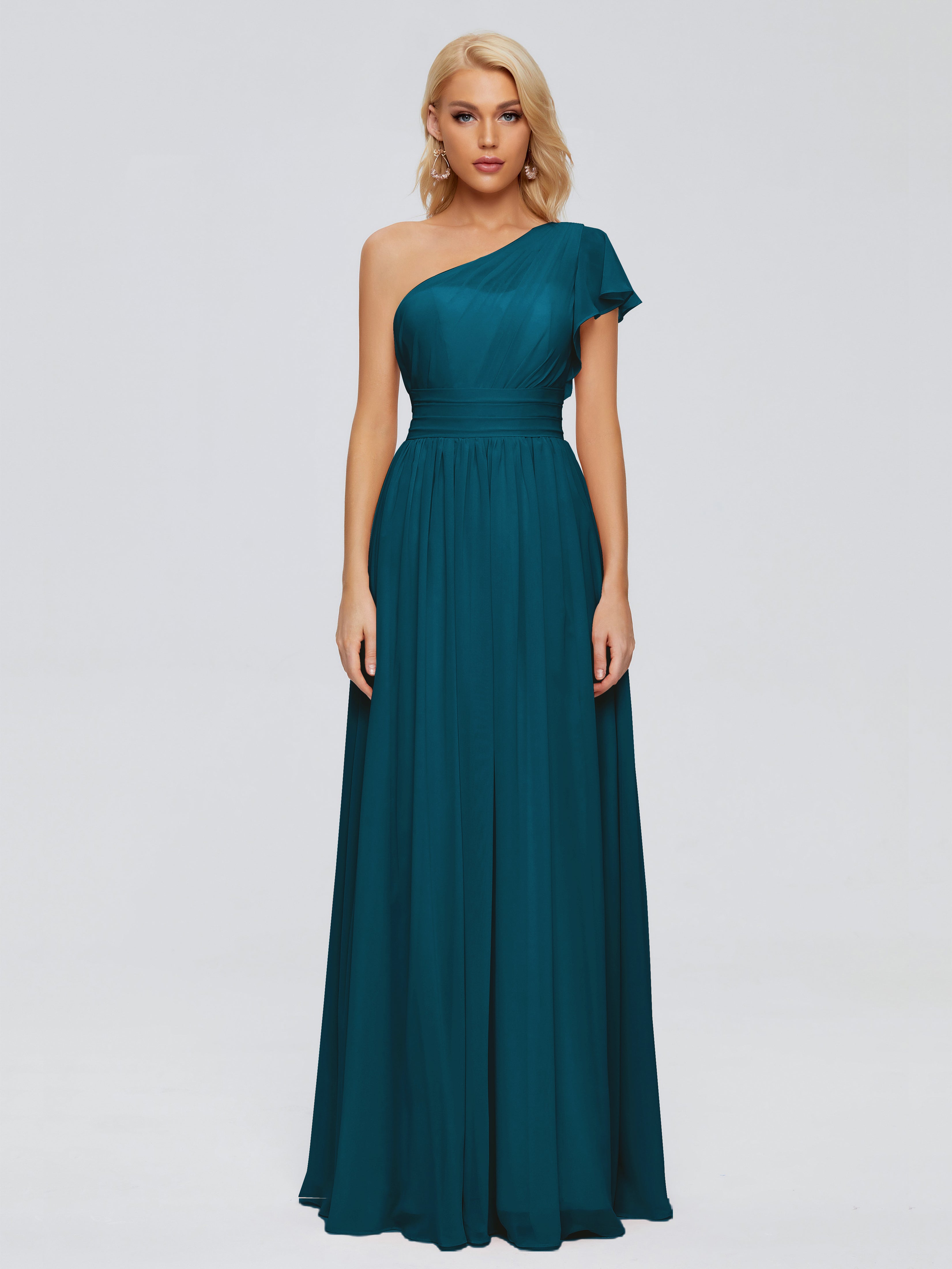 Robe De Demoiselle D'Honneur Bleu Encre Trapèze Seule-Épaule Mousseline Robes Demoiselle D'Honneur