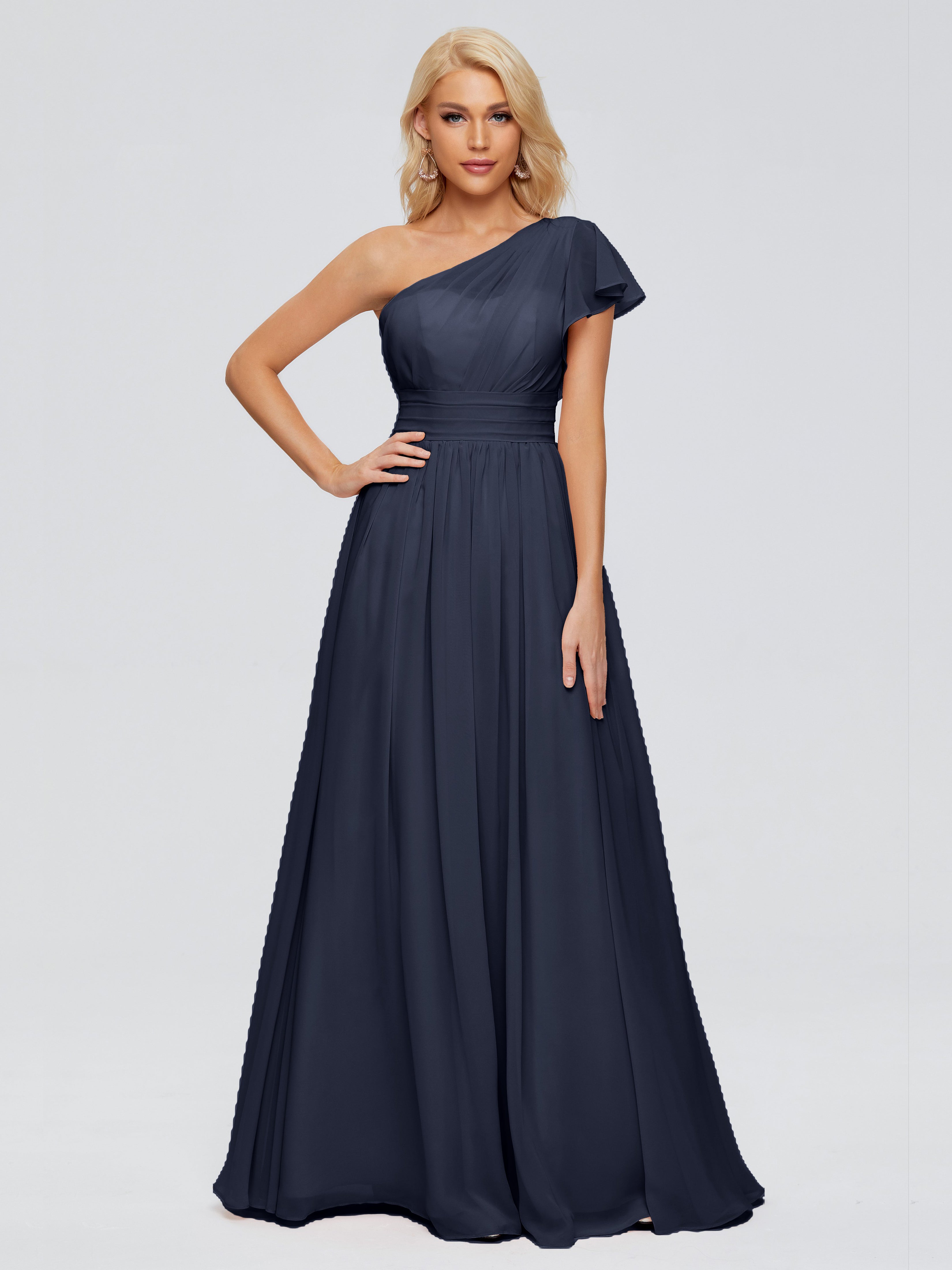 Robes De Demoiselle D'Honneur Bleu Marine Trapèze Seule-Épaule Mousseline Robes Demoiselle D'Honneur