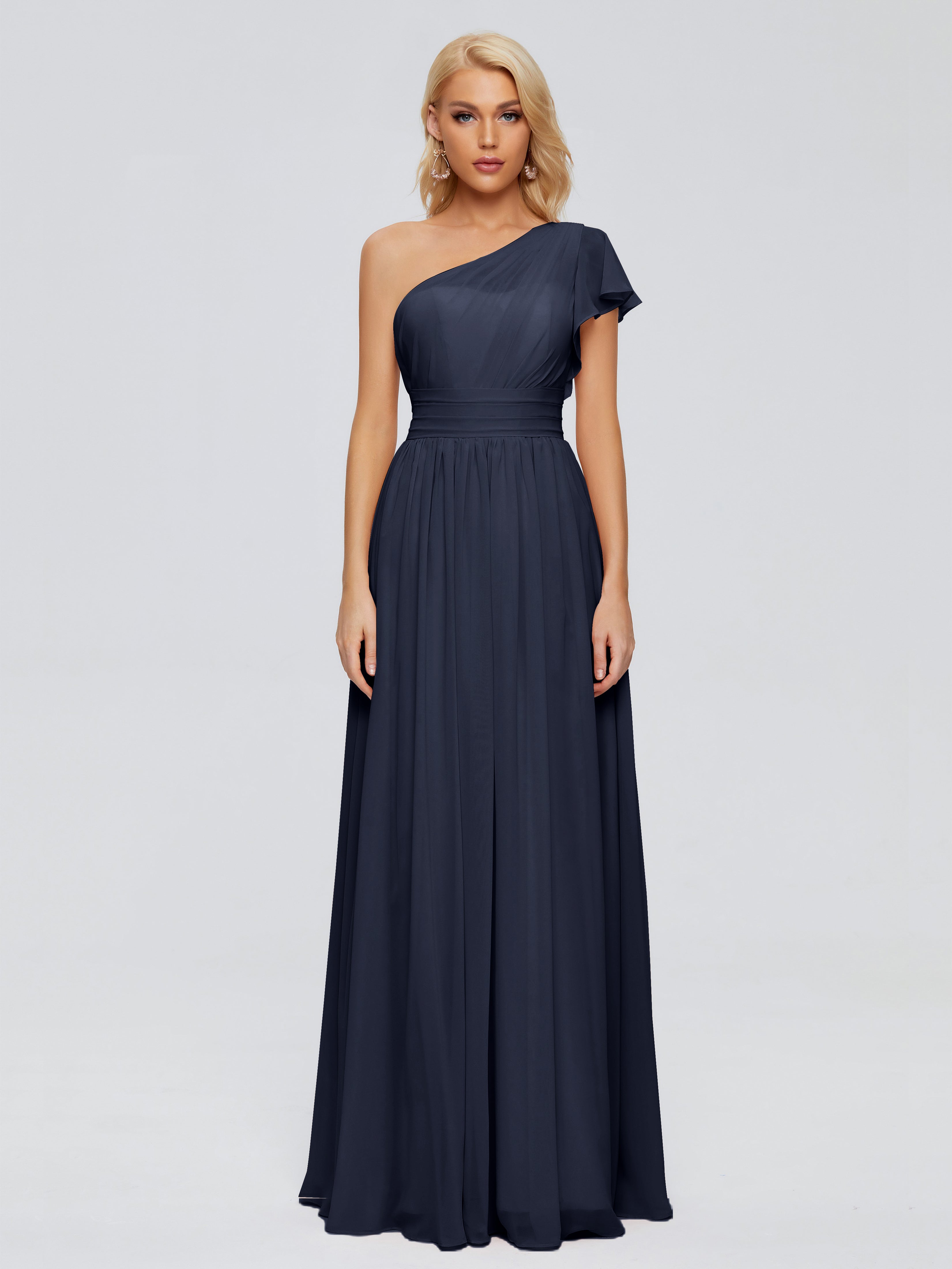 Robes De Demoiselle D'Honneur Bleu Marine Trapèze Seule-Épaule Mousseline Robes Demoiselle D'Honneur
