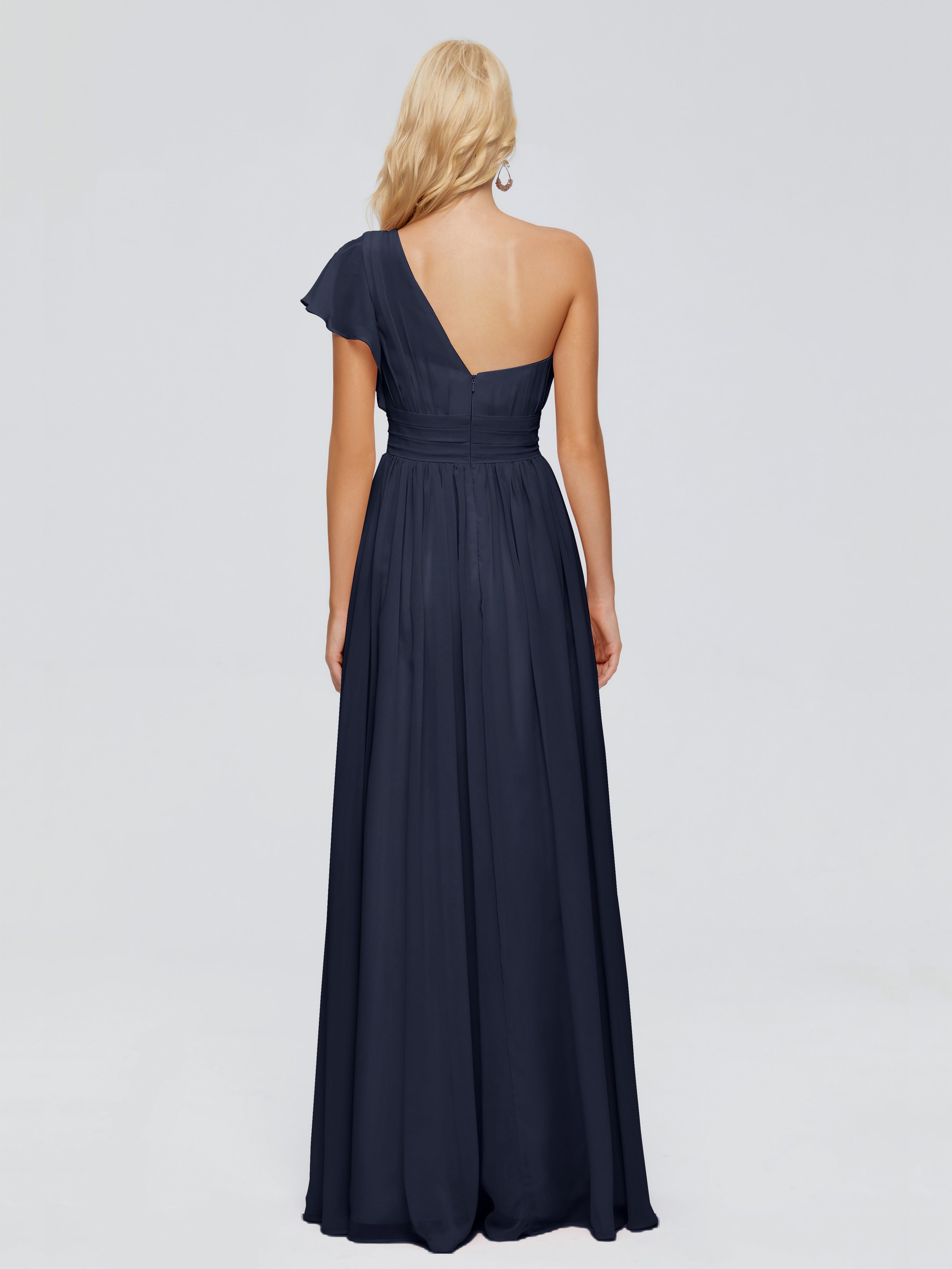 Robes De Demoiselle D'Honneur Bleu Marine Trapèze Seule-Épaule Mousseline Robes Demoiselle D'Honneur