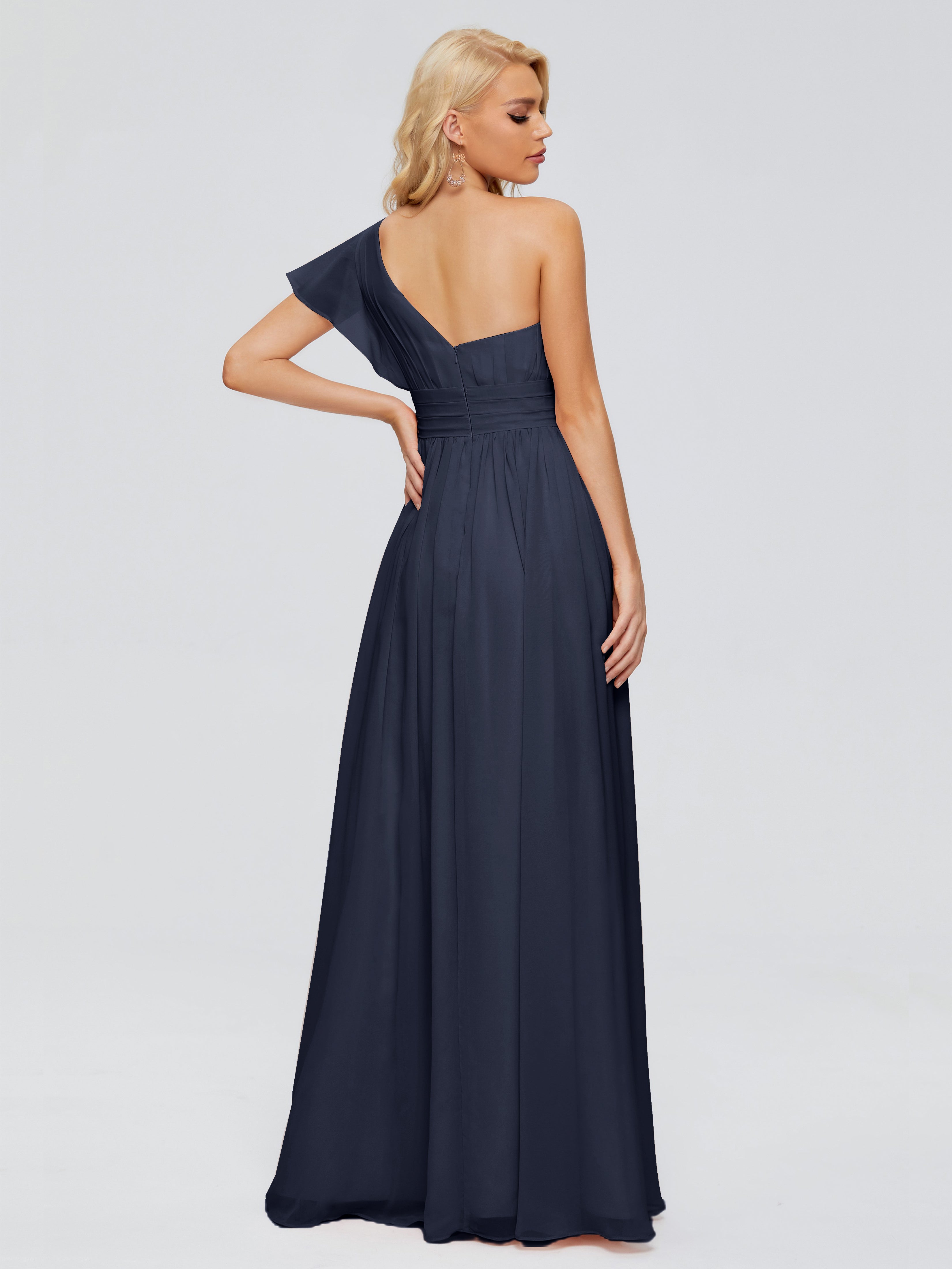 Robes De Demoiselle D'Honneur Bleu Marine Trapèze Seule-Épaule Mousseline Robes Demoiselle D'Honneur