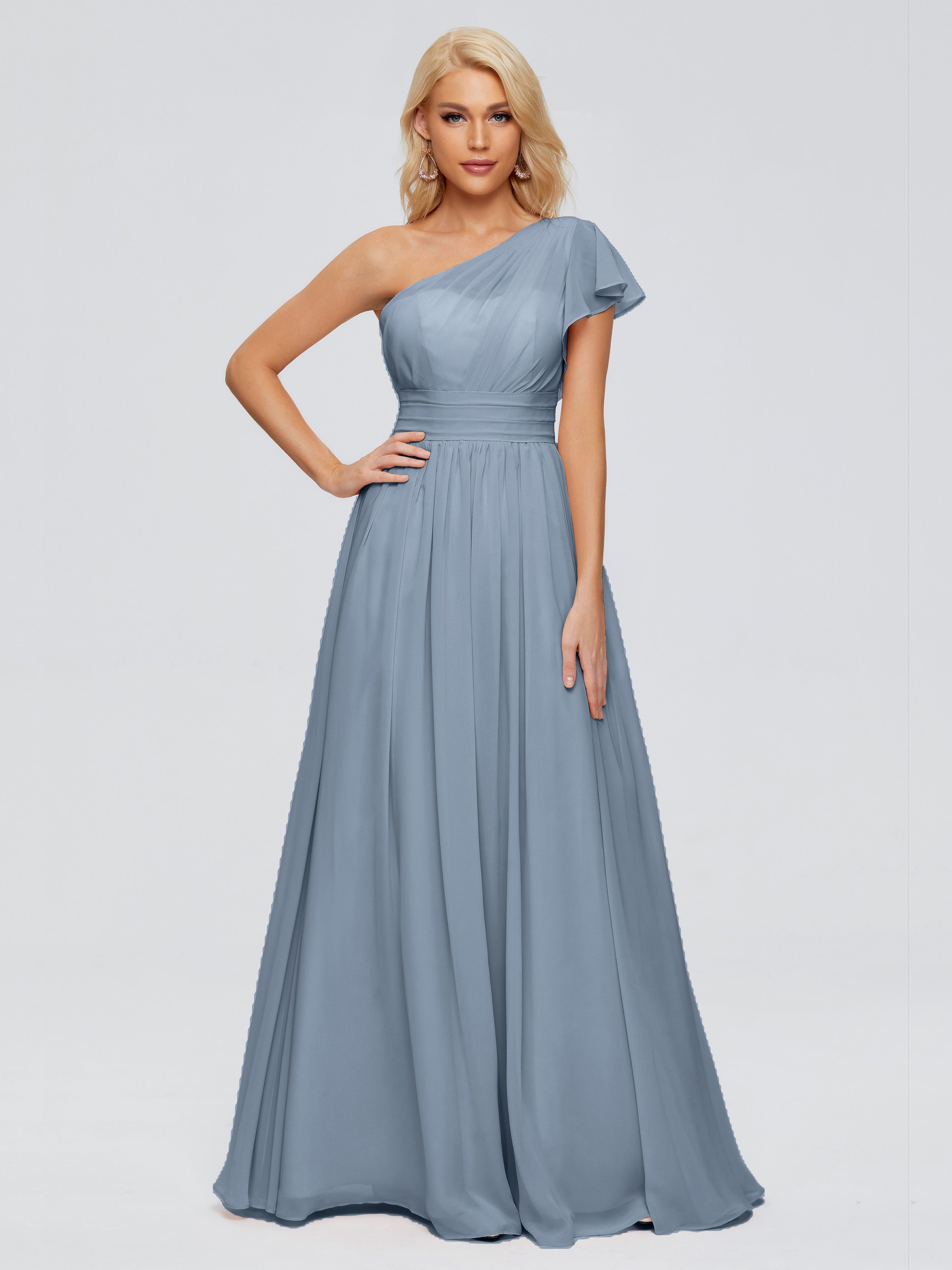 Robes De Demoiselle D'Honneur Bleu Poudre Trapèze Seule-Épaule Mousseline Robes Demoiselle D'Honneur